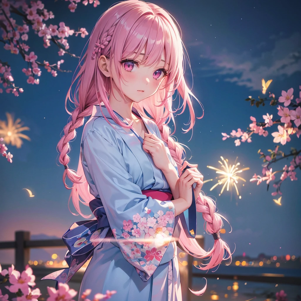 Sky Blue Medium Hair, (Braided Hair),(Pink Eyes),Fair skin ,(whole body),(1 girl)、Floral Yukata、summer night、Fireworks fill the night sky、Straight bangs,(masterpiece, Highest quality, Very detailed, Best Shadow), (Detailed Background), (Beautifully detailed face), High Contrast, (Best lighting, Very delicate and beautiful), ((Cinematic Light)), colorful, Hyper Detail, Dramatic Light, Intricate details,