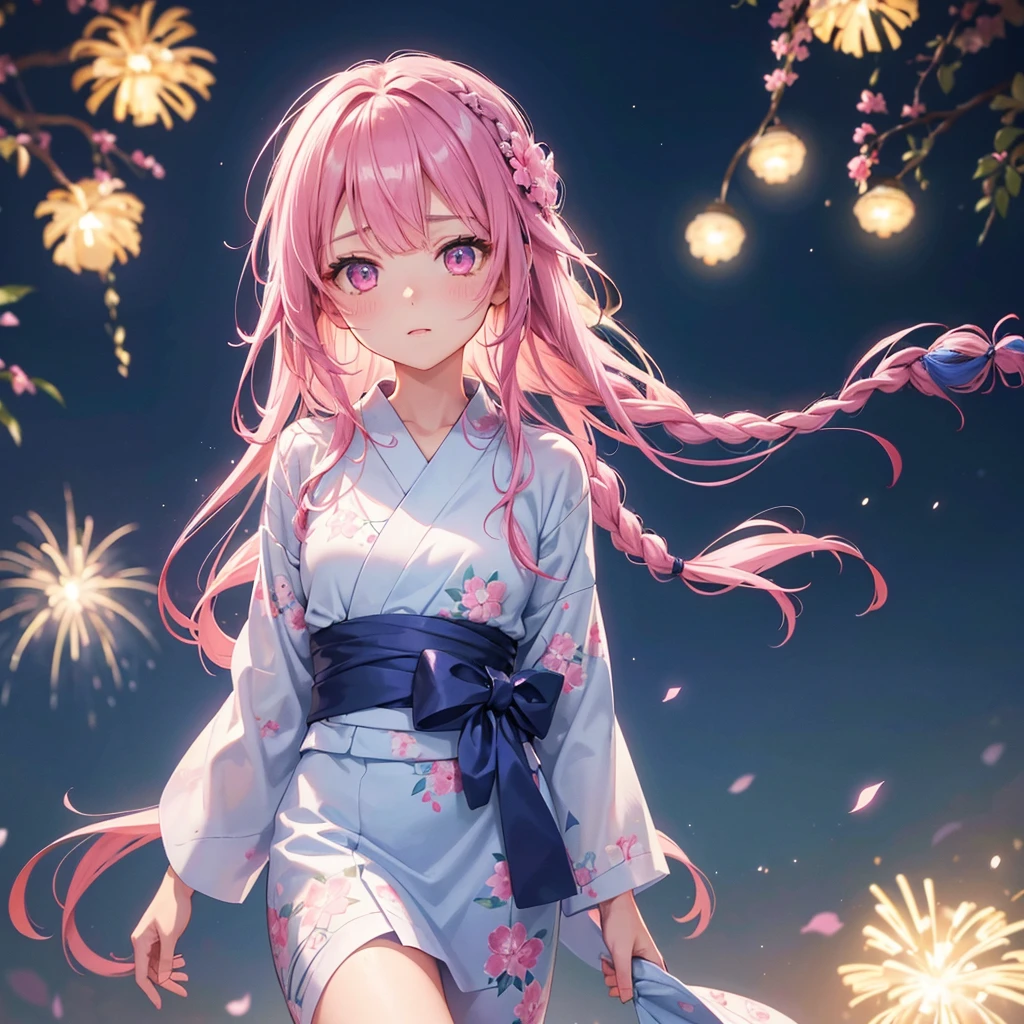 Sky Blue Medium Hair, (Braided Hair),(Pink Eyes),Fair skin ,(whole body),(1 girl)、Floral Yukata、summer night、Fireworks fill the night sky、Straight bangs,(masterpiece, Highest quality, Very detailed, Best Shadow), (Detailed Background), (Beautifully detailed face), High Contrast, (Best lighting, Very delicate and beautiful), ((Cinematic Light)), colorful, Hyper Detail, Dramatic Light, Intricate details,