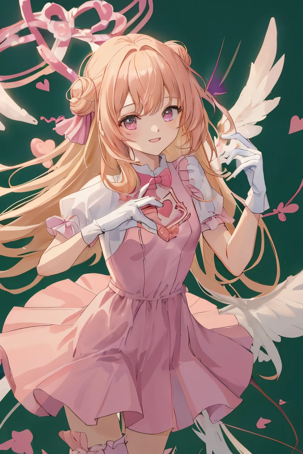 1_girl, (anime, kawai:2), (masterpeice, best_quality, simple, cute, dreamy, vibrant, clean:1.8), (cute, cute_smile, young:1.6), (delicate, beautiful, thin:1.5), (girlfriend, angel:1.8), (green_eyes, simple_eyes:1.4) (long_hair, blond_hair, wearing_pink_dress, pink_angel_wings, gloves:1.8), extremely_delicate, (love_magic:1.5), (age_size_fits_body), (small_thighs, thin:1.3), (breasts), (eye_level:1.3), (heart_magic, love:1.5), (dancer)