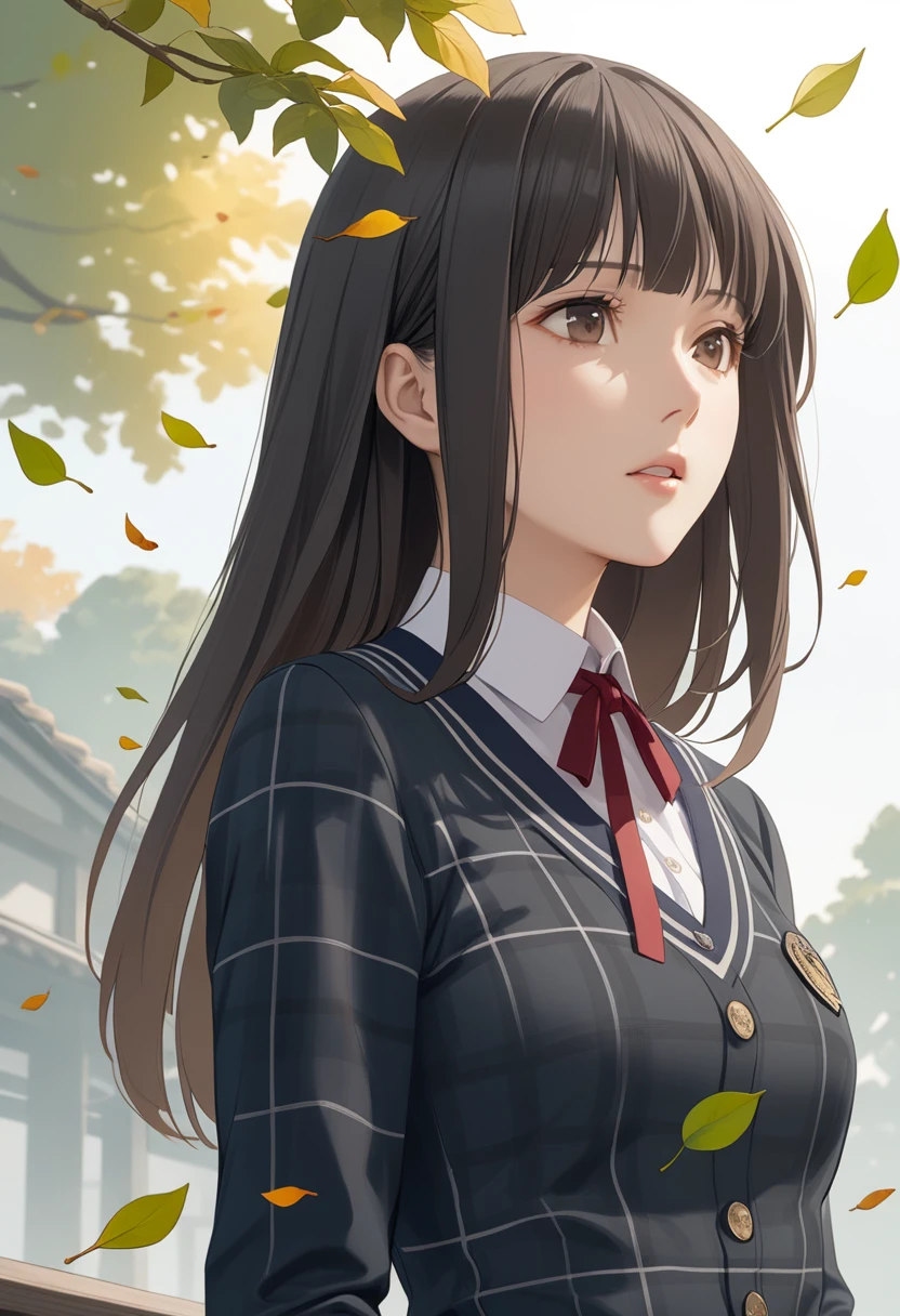 1girl,nagumo kasumi,,red neck ribbon,plaid skirt,black pantyhose,parted lips, leaf, falling leaves, upper body, outdoors, wind,buttons,masterpiece,solo,best quality