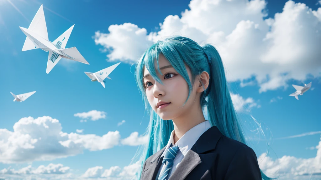 Hatsune Miku、paper airplane、blue sky