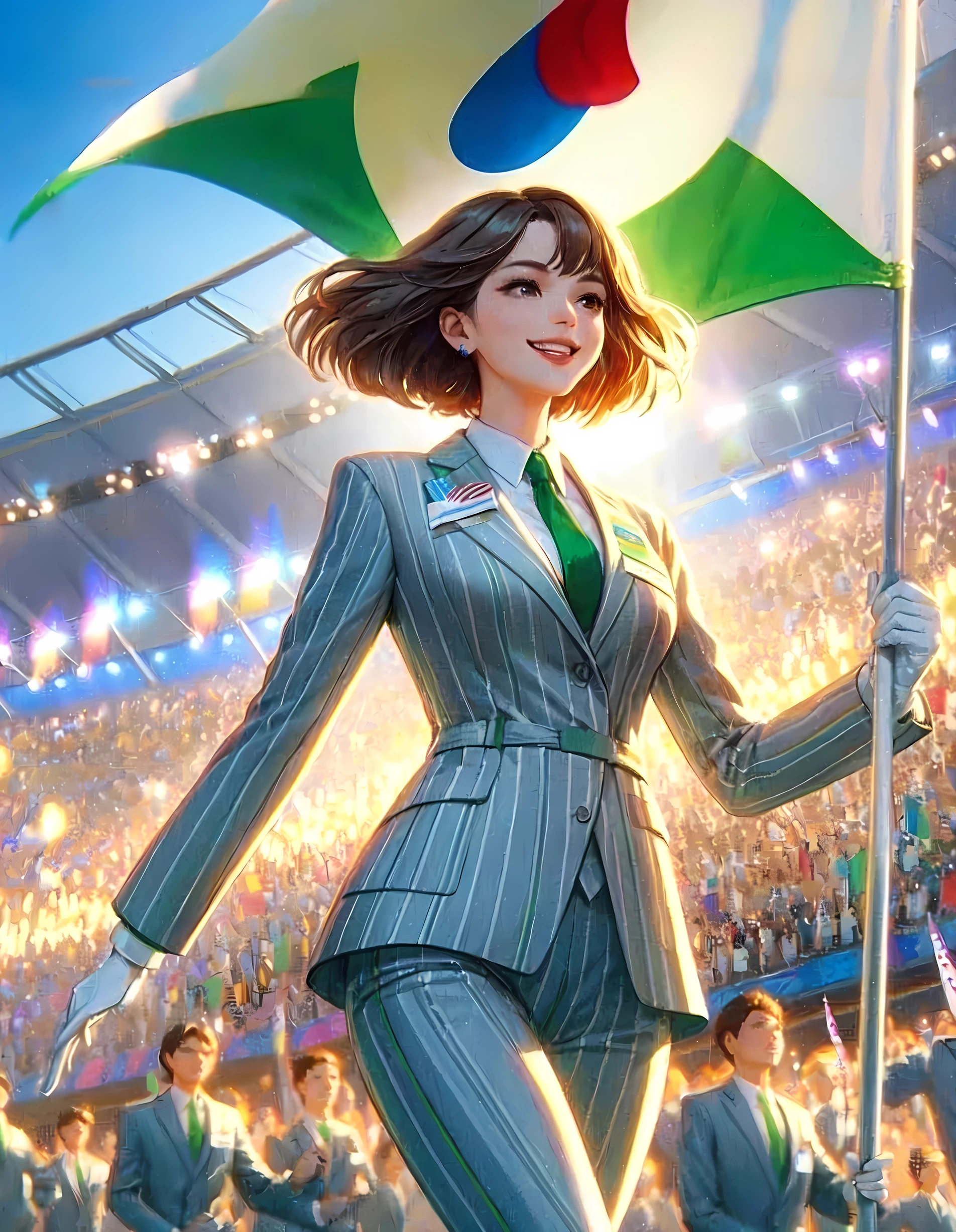 1lady walking slowly, (holding pole of large flag), (suit jacket with vibrant colors) (chic and innovative attire), (mature female:0.8), /(black hair/) bangs, brightly smile, (teeth:0.8), (masterpiece best quality:1.2) delicate illustration ultra-detailed, large breasts BREAK (large flag waving) BREAK (Olympic stadium) indoors, (opening ceremony), excitement, athletes, audience, detailed background