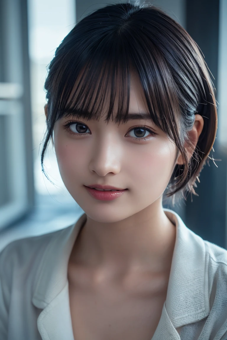 (8K, Raw photo, Highest quality, masterpiece:1.2), (Realistic, Photorealistic:1.37), Ultra-detailed, Ultra-high resolution, 1 girl, Seeing the viewer, Beautifully detailed face, Laughter, narrow, (Slim waist) :1.3), shortcut, Beautifully detailed skin, Skin texture, Dark hair, Short hair, Bob, Professional Lighting, Human whole body