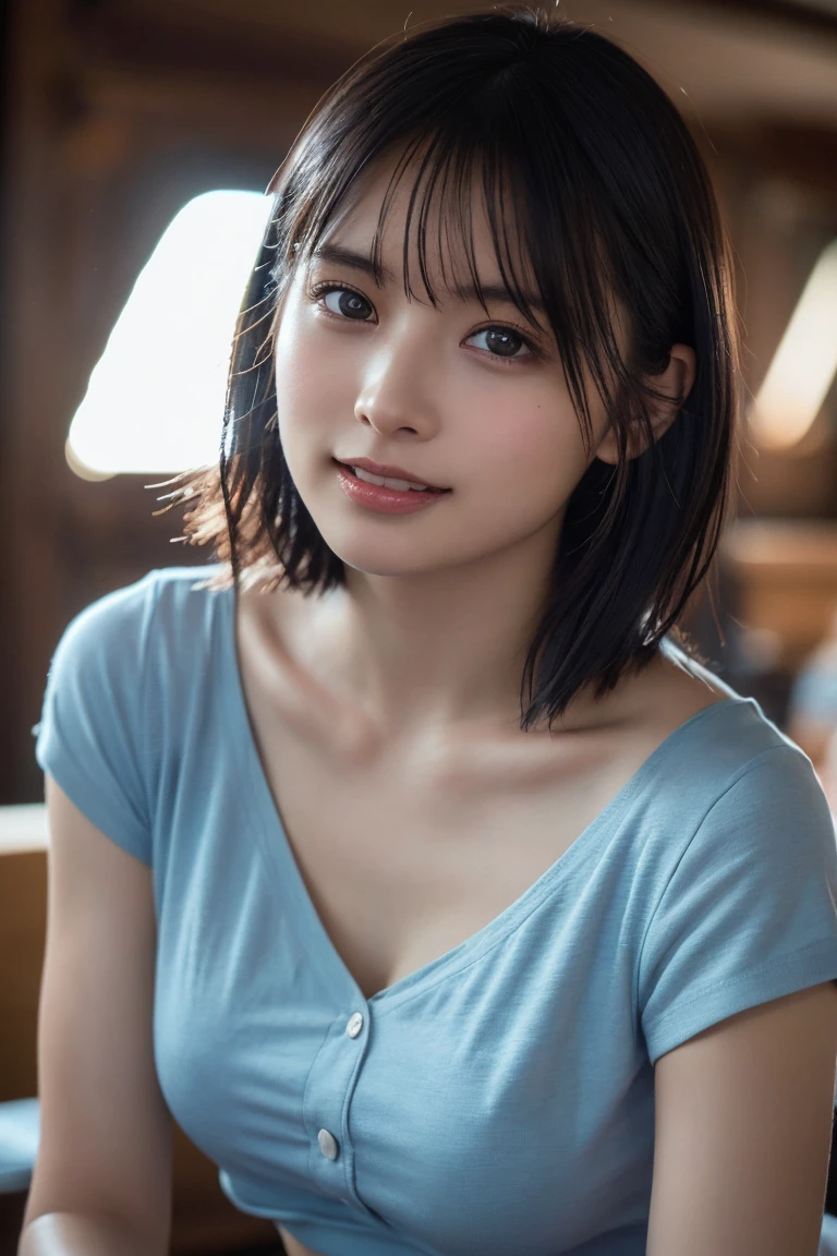 (8K, Raw photo, Highest quality, masterpiece:1.2), (Realistic, Photorealistic:1.37), Ultra-detailed, Ultra-high resolution, 1 girl, Seeing the viewer, Beautifully detailed face, Laughter, narrow, (Slim waist) :1.3), shortcut, Beautifully detailed skin, Skin texture, Dark hair, Short hair, Bob, Professional Lighting, Human whole body
