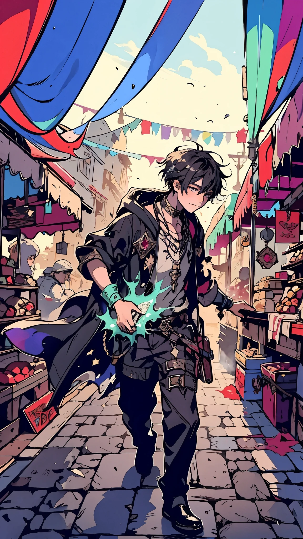 A solo teenager boy, dressed in tattered robes, dashes through a bustling medieval fair. The air is thick with the scent of roasted meats and the sound of laughter. In their hand, they clutch a shimmering crystal amulet—an artifact said to hold ancient magic. The colorful tents blur as they weave between merchants hawking potions and buyers bargaining for enchanted trinkets. Mystical energy crackles in the air, fantasy world, dark background, clean design, epic, artstation, colorful paint splatter, silhouette, hyper detailed intricate details, unreal engine, fantasy, splash screen, complementary colors, deviantart masterpiece, oil painting, heavy strokes, paint dripping, indifferent expression, ((boy))