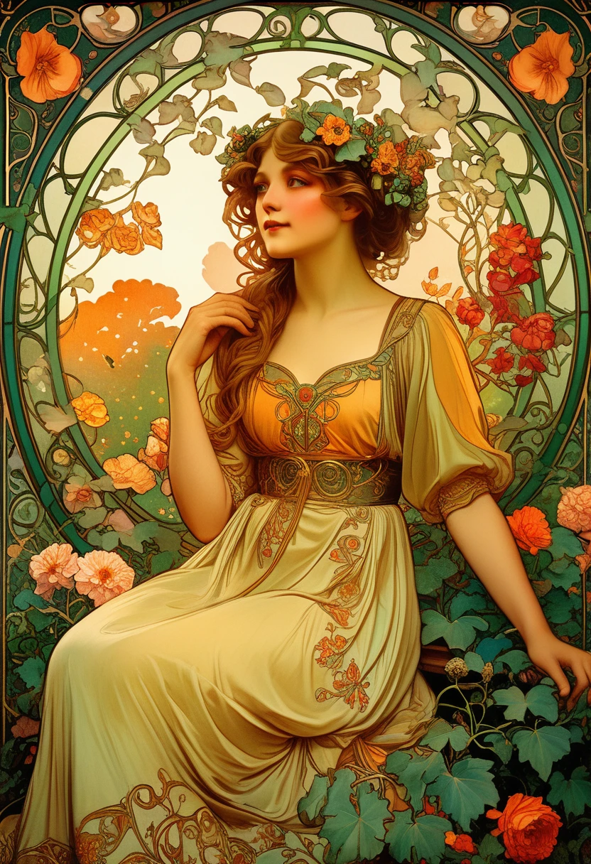 A lush garden, intricate floral patterns, detailed petals, vibrant colors, ornate art nouveau style, Alfons Mucha inspired, beautiful woman surrounded by flowers, elegant flowing dress, ornamental leaves and vines, warm lighting, detailed facial features, delicate skin, dreamy atmosphere, photorealistic, 8k, best quality, masterpiece