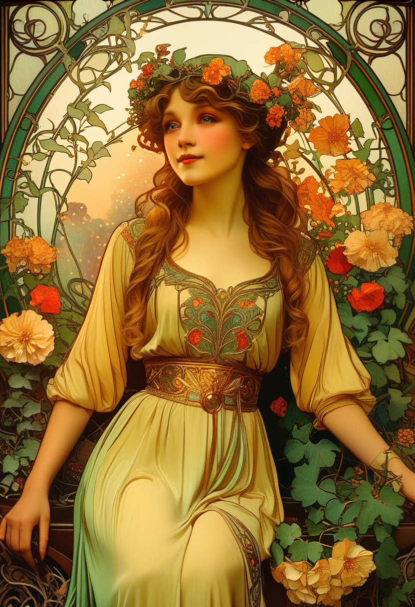 A lush garden, intricate floral patterns, detailed petals, vibrant colors, ornate art nouveau style, Alfons Mucha inspired, beautiful woman surrounded by flowers, elegant flowing dress, ornamental leaves and vines, warm lighting, detailed facial features, delicate skin, dreamy atmosphere, photorealistic, 8k, best quality, masterpiece