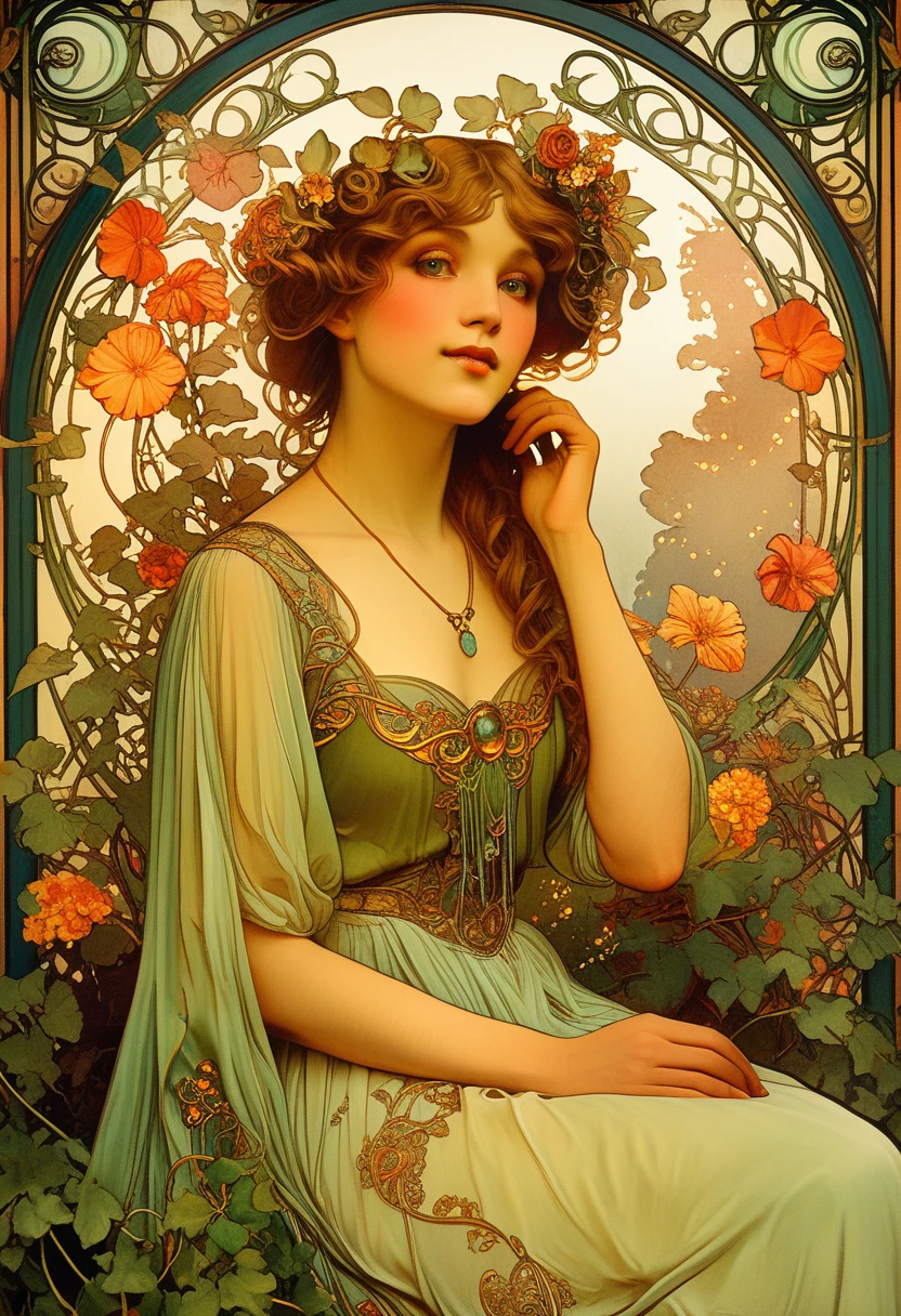 A lush garden, intricate floral patterns, detailed petals, vibrant colors, ornate art nouveau style, Alfons Mucha inspired, beautiful woman surrounded by flowers, elegant flowing dress, ornamental leaves and vines, warm lighting, detailed facial features, delicate skin, dreamy atmosphere, photorealistic, 8k, best quality, masterpiece