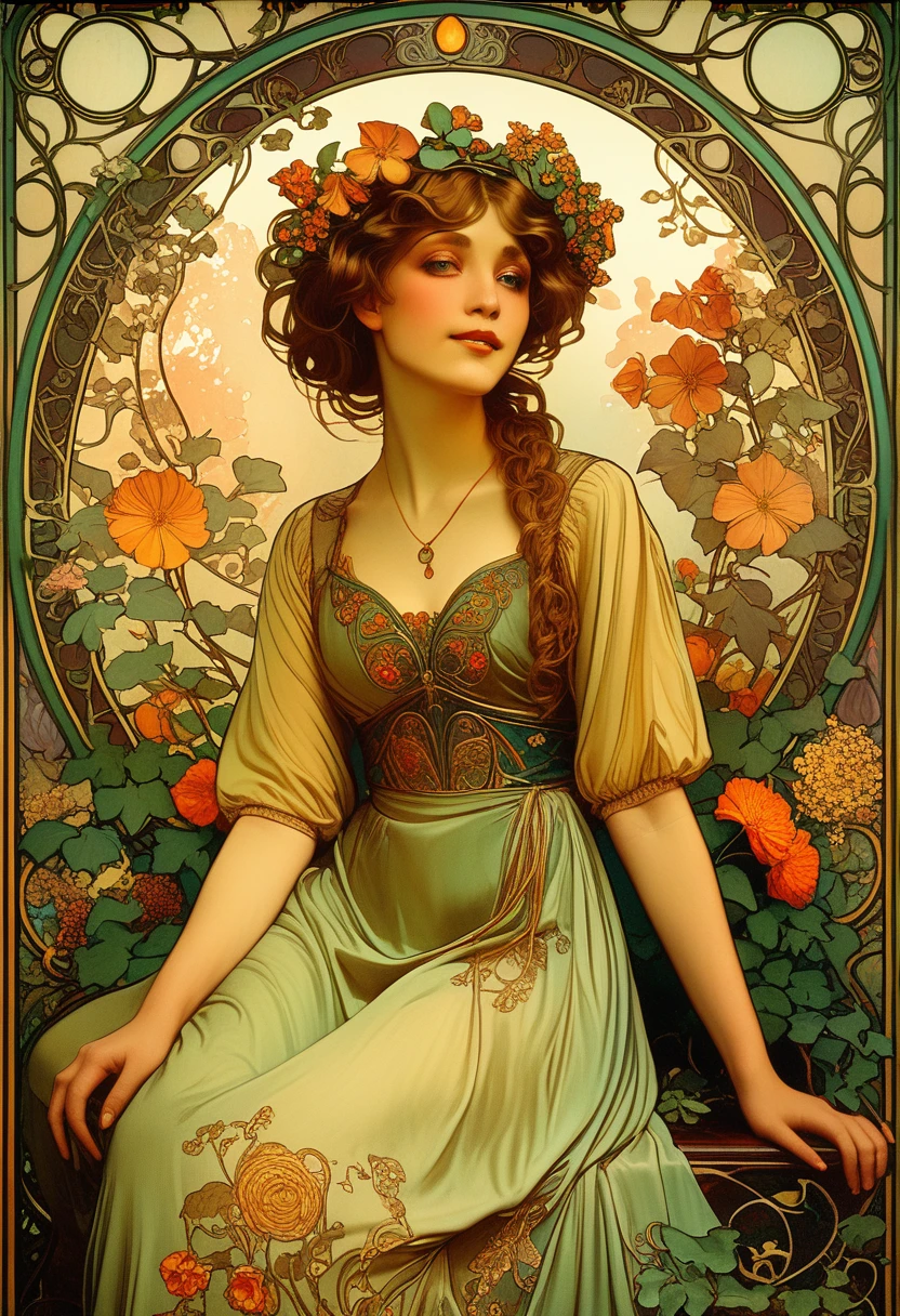 A lush garden, intricate floral patterns, detailed petals, vibrant colors, ornate art nouveau style, Alfons Mucha inspired, beautiful woman surrounded by flowers, elegant flowing dress, ornamental leaves and vines, warm lighting, detailed facial features, delicate skin, dreamy atmosphere, photorealistic, 8k, best quality, masterpiece