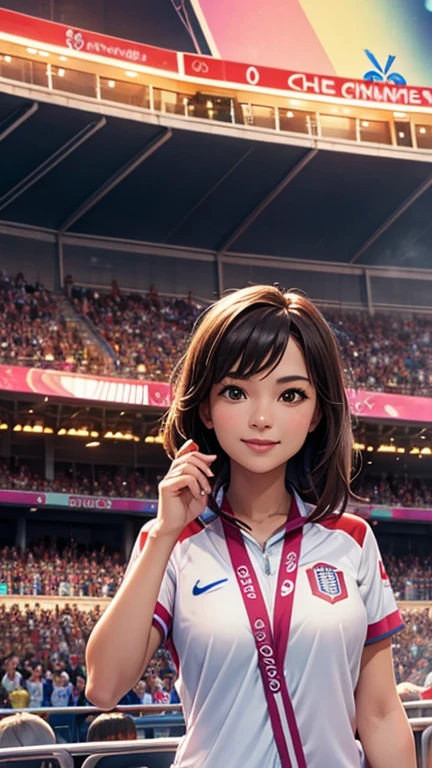  A woman watching the cheers from the stands ,Olympic stadium, (enthusiastic crowd),A large audience, Olympic cauldron, Olympic flame, Olympic rings,Olympic symbols