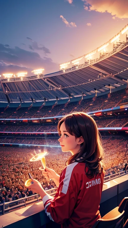  A woman watching the cheers from the stands ,Olympic stadium, (enthusiastic crowd),A large audience, Olympic cauldron, Olympic flame, Olympic rings,Olympic symbols