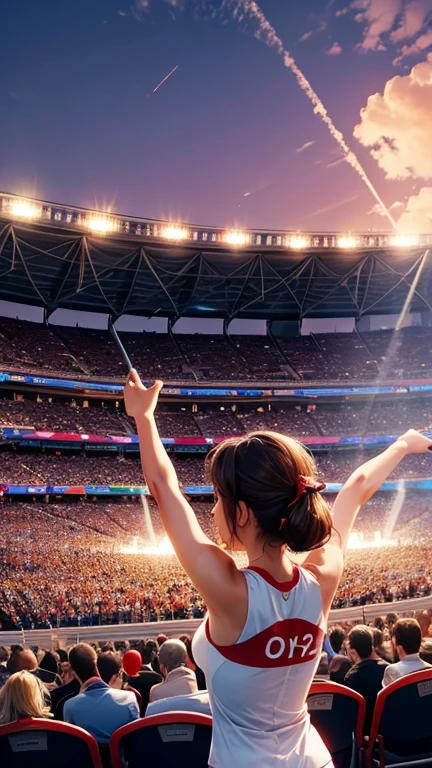  A woman watching the cheers from the stands ,Olympic stadium, (enthusiastic crowd),A large audience, Olympic cauldron, Olympic flame, Olympic rings,Olympic symbols