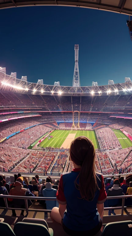  A woman watching the cheers from the stands ,Olympic stadium, (enthusiastic crowd),A large audience, Olympic cauldron, Olympic flame, Olympic rings,Olympic symbols