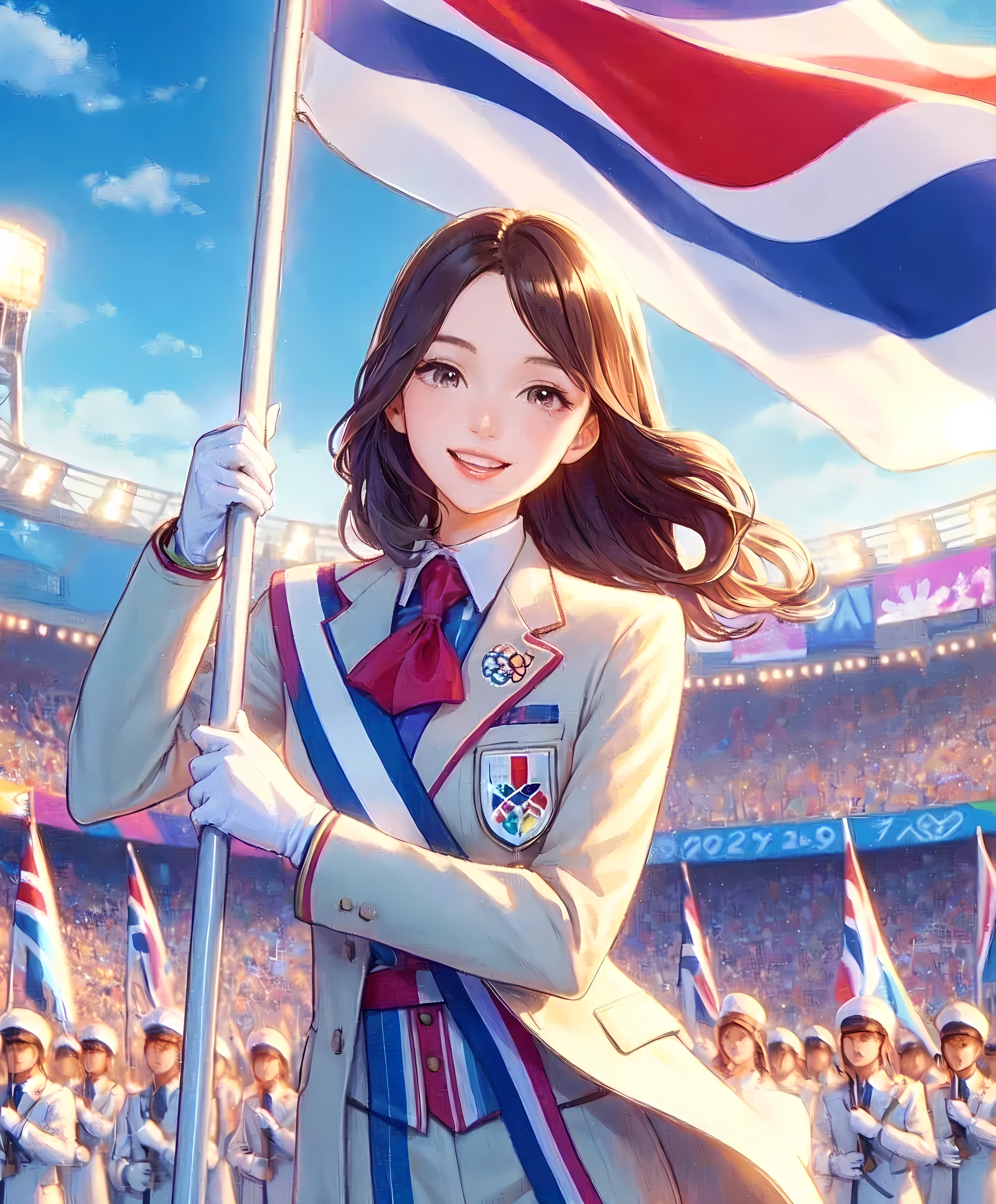 1lady walking slowly, (holding pole of large flag), (suit jacket with vibrant colors) (chic and innovative attire), (mature female:0.8), /(brown hair/) bangs, brightly smile, (teeth:0.8), (masterpiece best quality:1.2) delicate illustration ultra-detailed, large breasts BREAK (large flag waving) BREAK (Olympic stadium) indoors, (opening ceremony), excitement, athletes, audience, detailed background