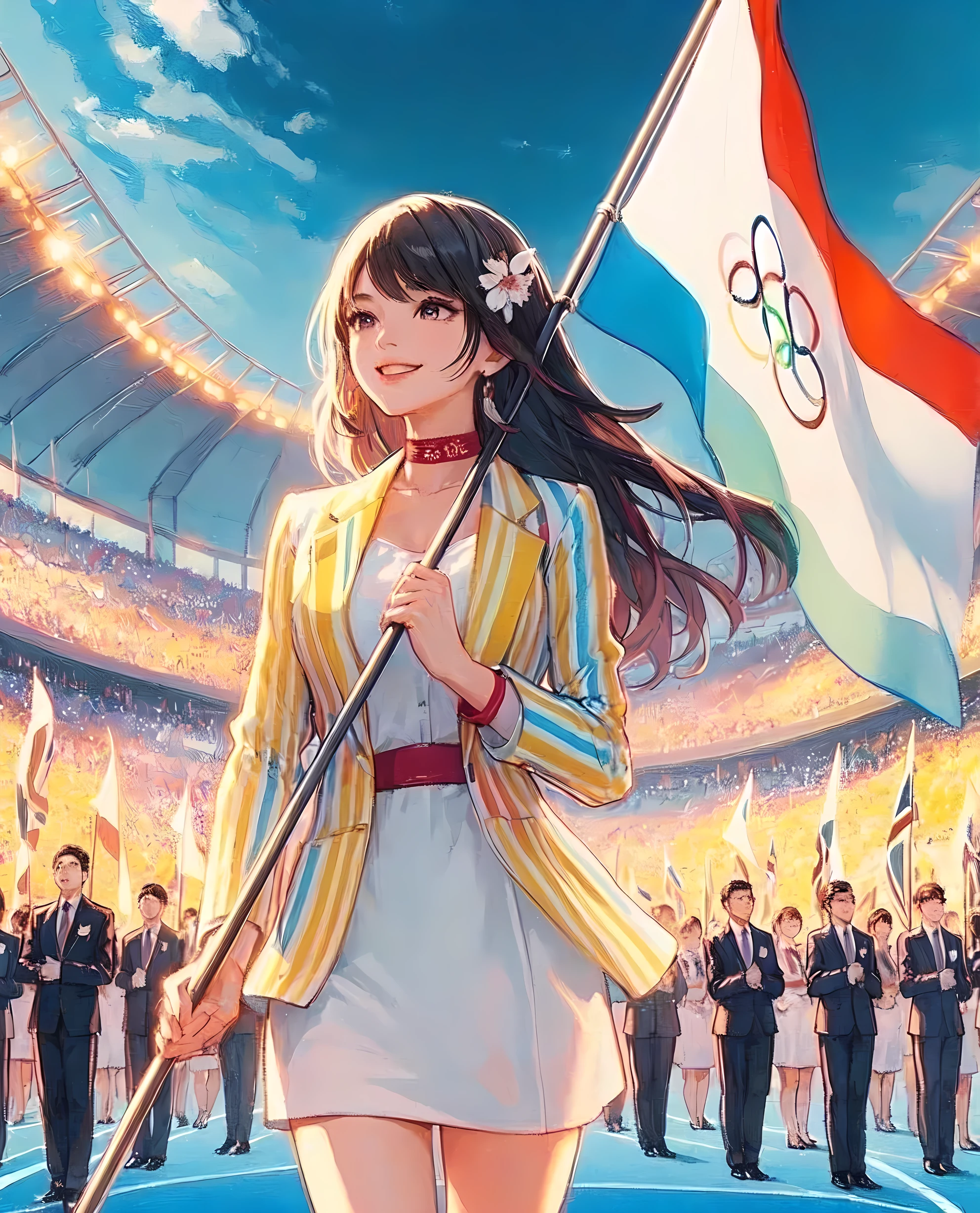 1lady walking slowly, (holding pole of large flag), (suit jacket with vibrant colors) (chic and innovative attire), (mature female:0.8), /(black hair/) bangs, brightly smile, (teeth:0.8), (masterpiece best quality:1.2) delicate illustration ultra-detailed, large breasts BREAK (large flag waving) BREAK (Olympic stadium) indoors, (opening ceremony), excitement, athletes, audience, detailed background