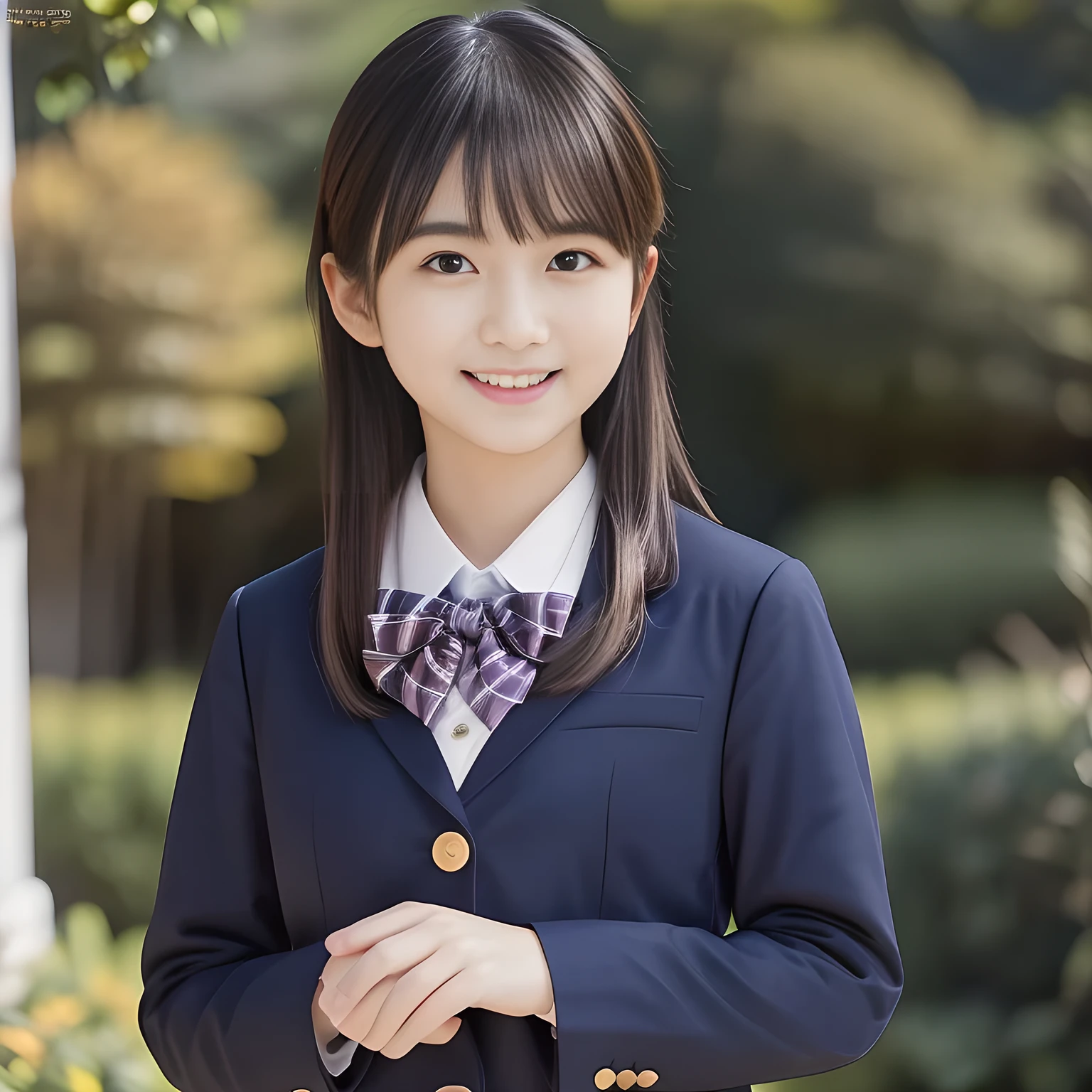(Highest quality, masterpiece:1.2), Highest quality, High resolution, 1080P, 8k, height: 158cm, ((A noble, graceful and intelligent 14yo Japanese young idle who has a best proportion)), ((So sweet, very noble, neat, and pretty 14yo Japanese beautiful fashion magazine model: 1.6)), ((((Very pure white face and limbs)))), Glossy Lips, (Evenly cut curled bangs), ((Very beautiful, droopy, cute, pure, noble, intelligent brown eyes with detailed: 1.6)), ((Super long, black straight hair )), (Very shiny, glossy Lips), ((Beautiful straight hair like a school promotion model)), Watch at you, ((Incredibly well organized, Rich facial expressions)), ((Plump and beautiful white skin and face)), ((Pure, clear, gentle brown eyes)), ((staring at me)), Glossy Lips, ((Noble and elegant)), Very beautiful blue skirt, ((Large upward-curving lips)), ((((Navy Japanese school blazer with noble golden emblem)))), ((Navy and sapphire blue Japanese school uniform)), ((Tartan check pattern dark blue pleated long skirt)), ((Cobalt blue string chest ribbon)), ((((An ecstatic expression of boundless joy)))), (((Beauty and fashion magazine for young girls))), ((Cute beautiful knees)), ((Well-shaped ample breasts)), ((Tilting his head and smiling)), ((beautiful dark ghosts are behind her)), ((お腹を抱えて笑っている))