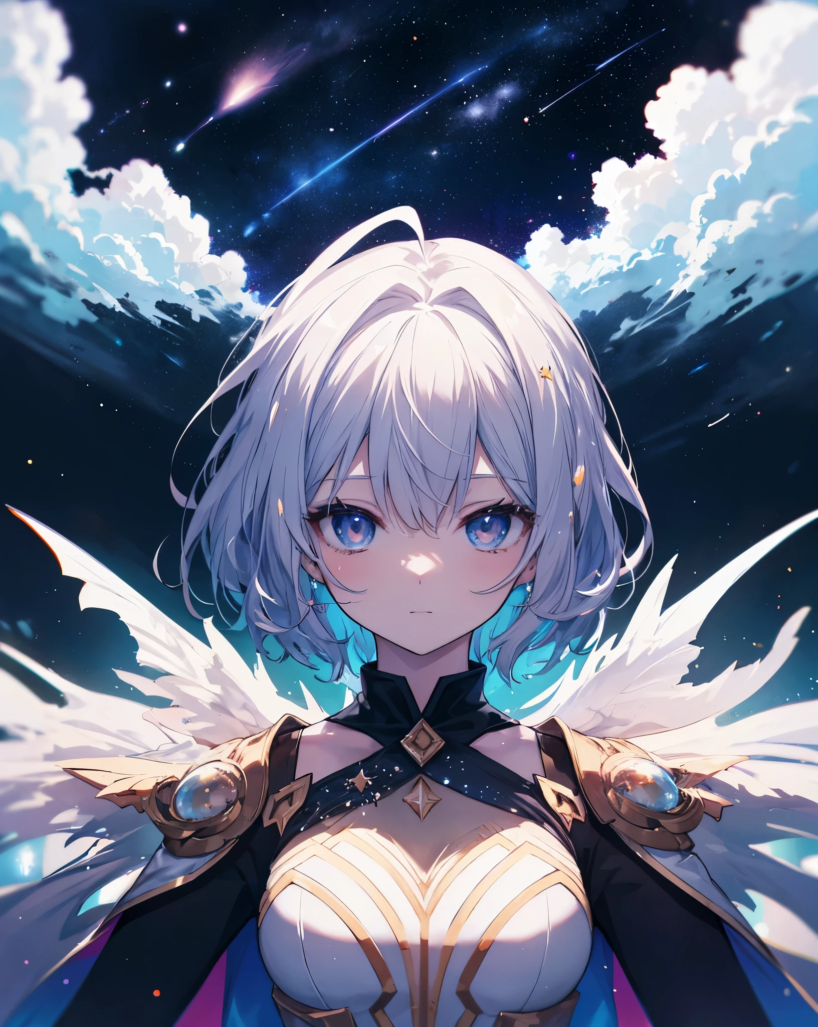 anime nekogirl looking at a shooting star above the clouds, highly detailed raw color photo, dynamic pose, (cosmic: 1.4), (necropolis: 1.1), (science fiction setting), chromatic aberration, depth of field, soft lighting, masterpiece, best quality, intricate, (lens reflection: 0.7), (flowering: 0.7), particle effects, ray tracing. She's holding a star.she has tremendous power.