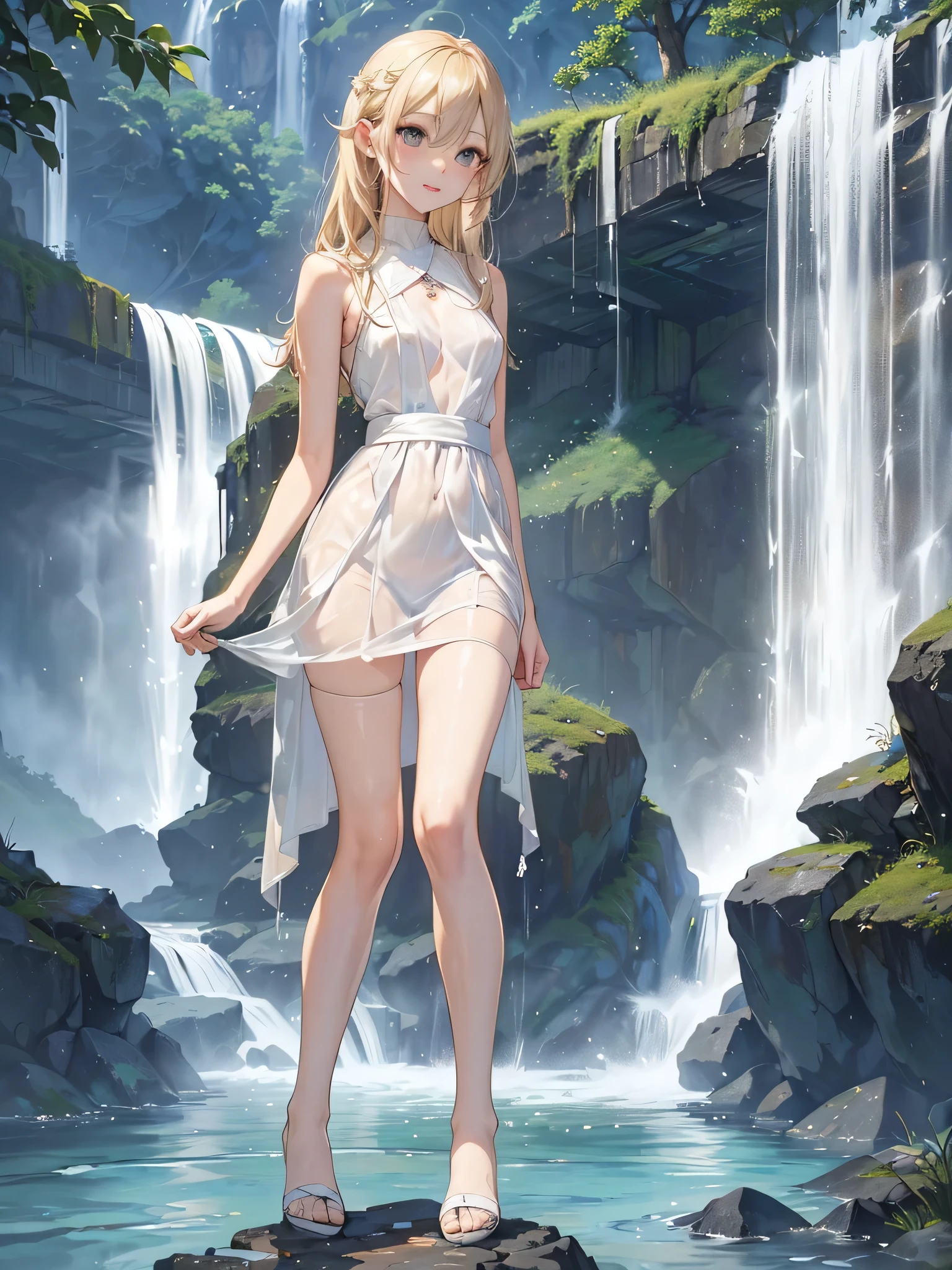 ((Biologically correct limb count)),(( From head to toe,Full-body photo including face)),4K,((Standing position)),masterpiece,((Focus on the face)),((Symmetrical facial features)),Eyes with detailed description,Beautiful woman,Great style,Beautiful arms,Beautiful legs,Beautiful Hands,(Small Ass,Thin thighs,Black Stockings),Detailed depiction of the face,Small earrings,necklace,(White dress,((evening,Kneel、waterfall、Playing in the river、splashes rise)),((Blonde)),Focus on the face,Dripping Water,The mist creates a fantastic atmosphere,Clothes are see-through,