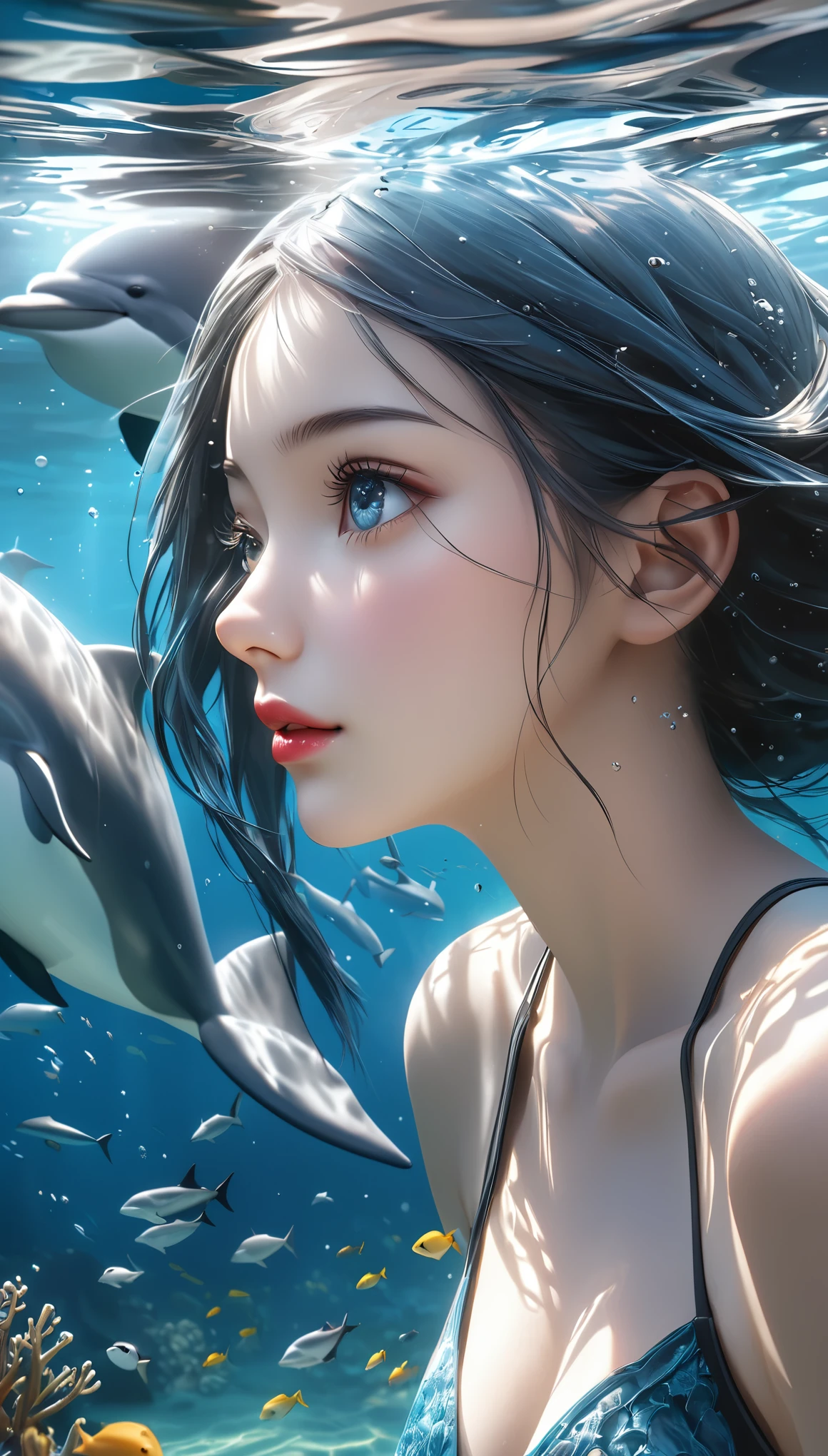 a girl swimming with a dolphin, beautiful detailed eyes, beautiful detailed lips, extremely detailed eyes and face, long eyelashes, underwater, digital art, award-winning masterpiece, surreal, famous artist, 3d art, transparent, dolphin emerging from the right side of the girl, (best quality,4k,8k,highres,masterpiece:1.2),ultra-detailed,(realistic,photorealistic,photo-realistic:1.37),vivid colors,studio lighting,bokeh