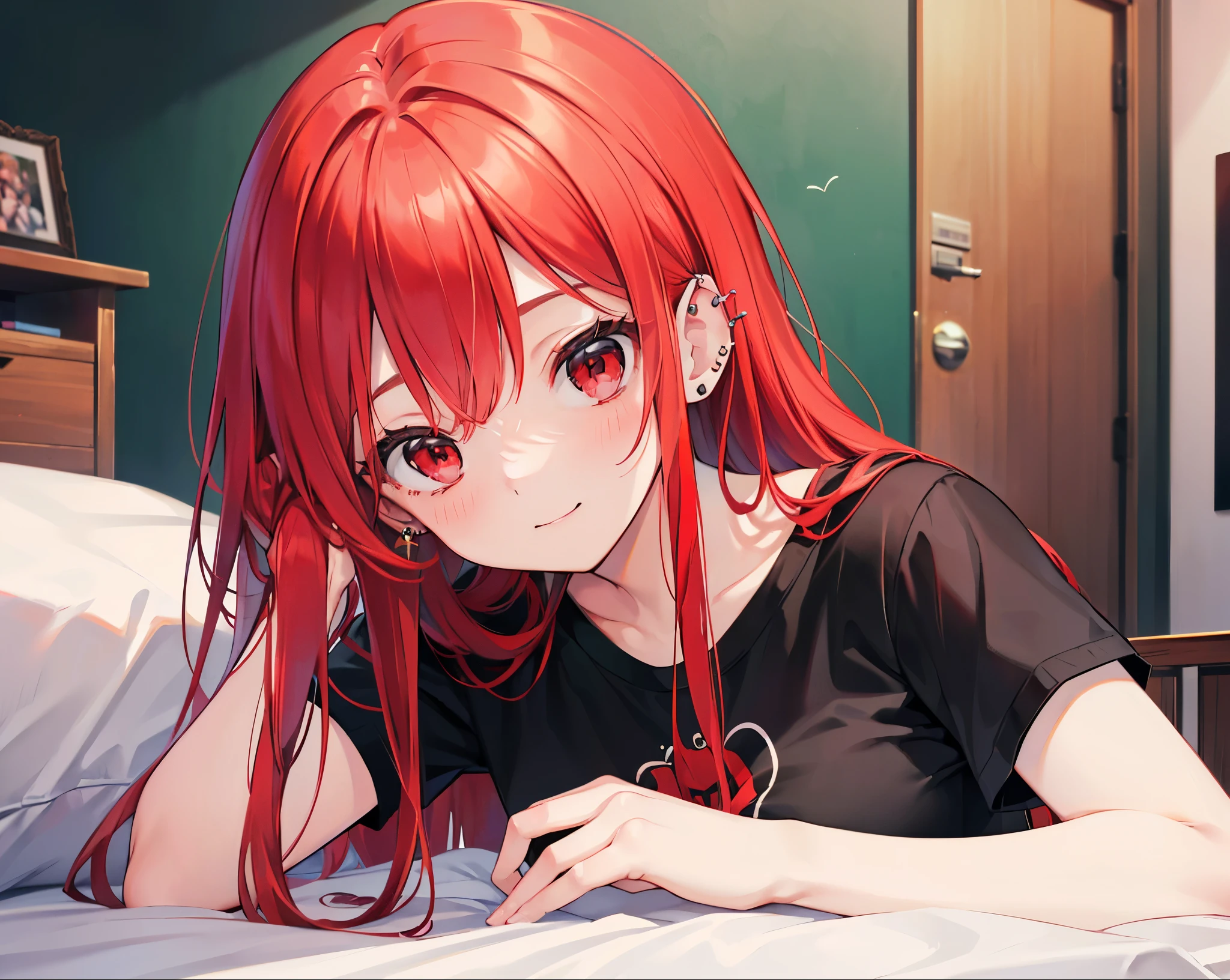 Realistic,Highest quality, Ultra Detail, High-quality CG rendering, The most delicate and beautiful, Floating softly, High resolution, (1 girl), (Highest quality,4K,8k,masterpiece:1.2),(Bright Red Hair:1.5), (Medium Long Hair:1.5),(Red eyes:1.5),(Slightly larger breasts:1.2),(Black oversized short sleeve t-shirt:1.5),(Piercing in left ear:1.3),Inside the room,smile,bed,(bedに座っている:1.3)