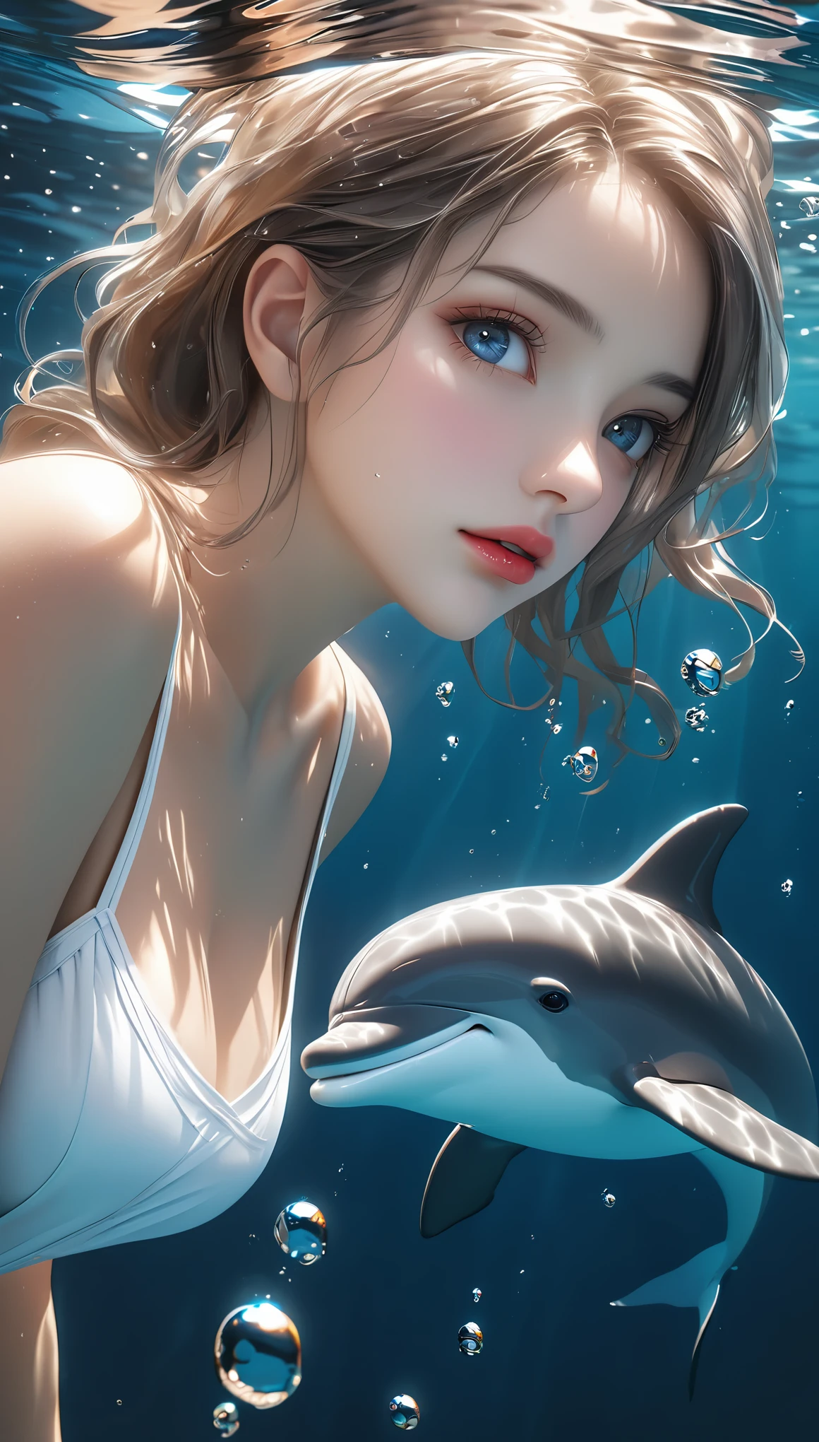 a girl swimming with a dolphin, beautiful detailed eyes, beautiful detailed lips, extremely detailed eyes and face, long eyelashes, underwater, digital art, award-winning masterpiece, surreal, famous artist, 3d art, transparent, dolphin emerging from the right side of the girl, (best quality,4k,8k,highres,masterpiece:1.2),ultra-detailed,(realistic,photorealistic,photo-realistic:1.37),vivid colors,studio lighting,bokeh