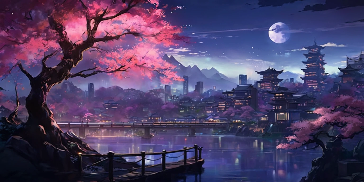 A painting of a Highly detailed, beautiful landscape, Futuristic Japanese city, sakura tree, concept art inspired by Tosa Mitsuoki, pixiv contest winner, best quality, fantasy art, beautiful anime scene, dream painting, Anime Background Art, Fantasy Landscape Art, Fantasy Night, Anime Background, Background Artwork, Fantastic Art, Atmospheric Anime, Night time, Detail Enhanced.