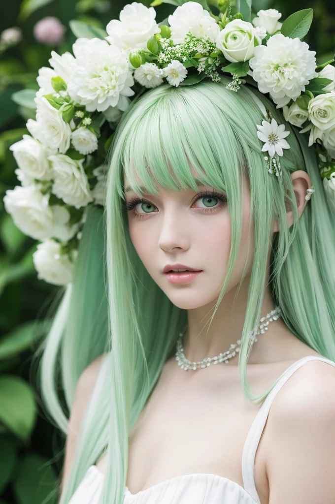 Beautiful white woman with light green hair, long hair, dress and flower on head