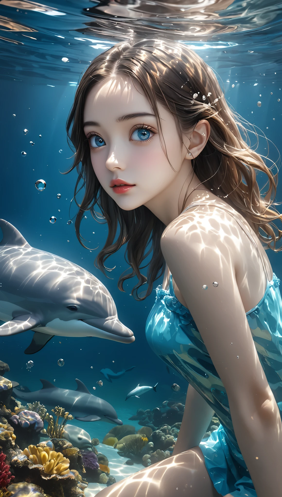 a girl swimming with a dolphin, beautiful detailed eyes, beautiful detailed lips, extremely detailed eyes and face, long eyelashes, underwater, digital art, award-winning masterpiece, surreal, famous artist, 3d art, transparent, dolphin emerging from the right side of the girl, (best quality,4k,8k,highres,masterpiece:1.2),ultra-detailed,(realistic,photorealistic,photo-realistic:1.37),vivid colors,studio lighting,bokeh