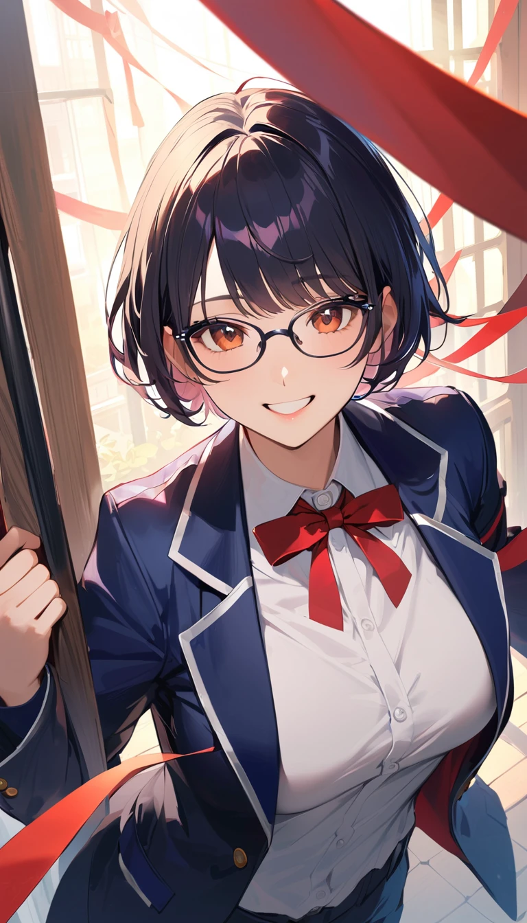 A high school girl with black short bob hair, Glasses,Red ribbon,wearing a navy blazer ,Smile with all your might