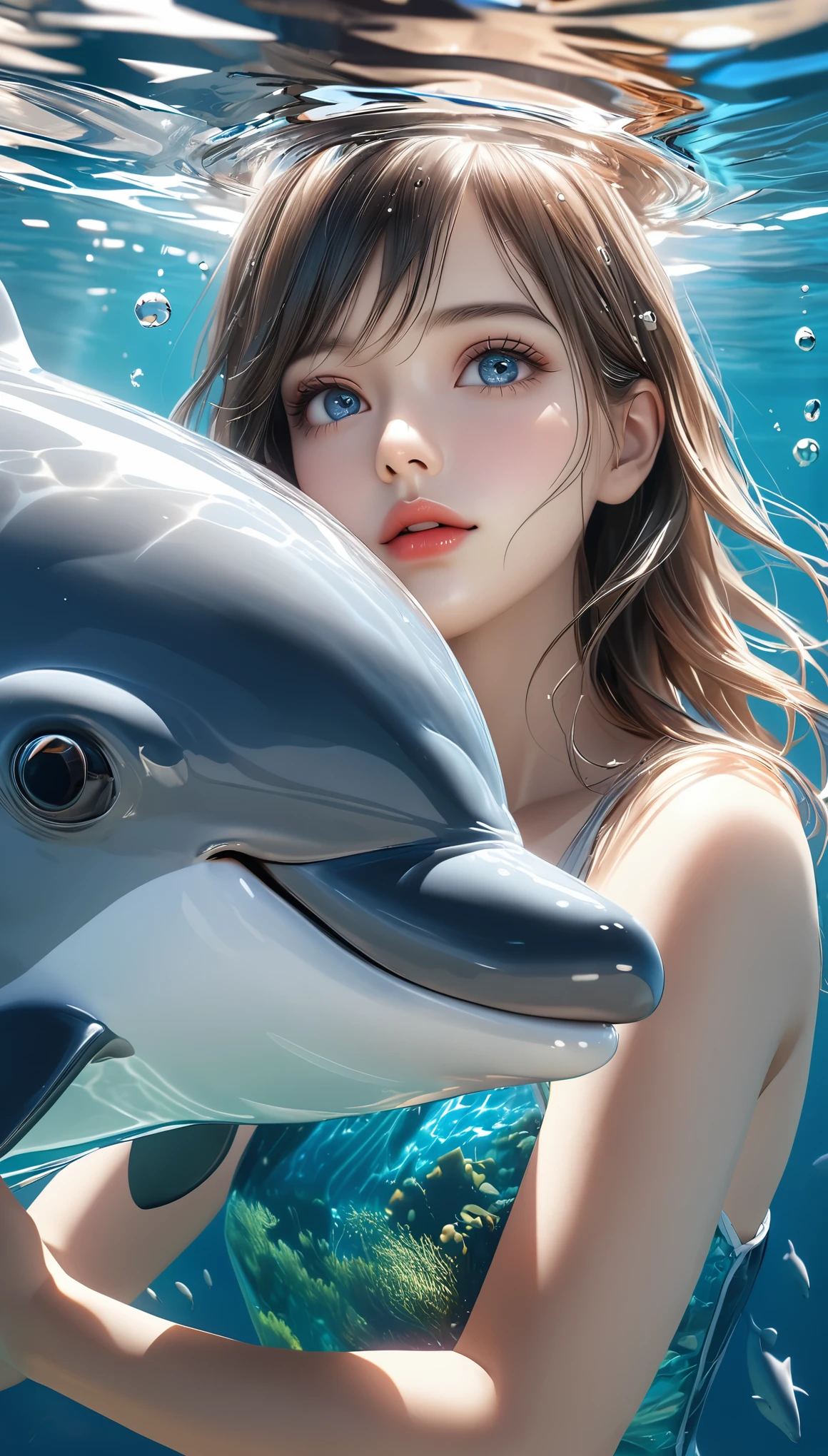 a girl swimming with a dolphin, beautiful detailed eyes, beautiful detailed lips, extremely detailed eyes and face, long eyelashes, underwater, digital art, award-winning masterpiece, surreal, famous artist, 3d art, transparent, dolphin emerging from the right side of the girl, (best quality,4k,8k,highres,masterpiece:1.2),ultra-detailed,(realistic,photorealistic,photo-realistic:1.37),vivid colors,studio lighting,bokeh