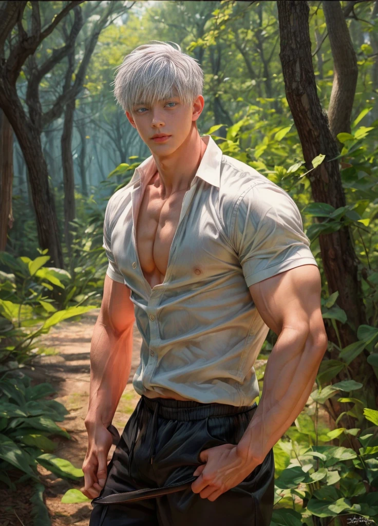 1boy, adult, handsome, perfect face, detailed eyes and face, clean shaved, muscular, capturing a rural atmosphere, dynamic lighting, unreal engine 5, hd picture, satoru gojo, white hair, short hair ,hair between eyes ,blue eyes, white skin, milk pink nipple details