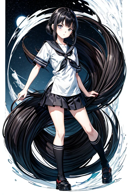 manga girl wear T-shirt, black hair, masterpiece, hiro style, akebi sailor uniform manga style, half body