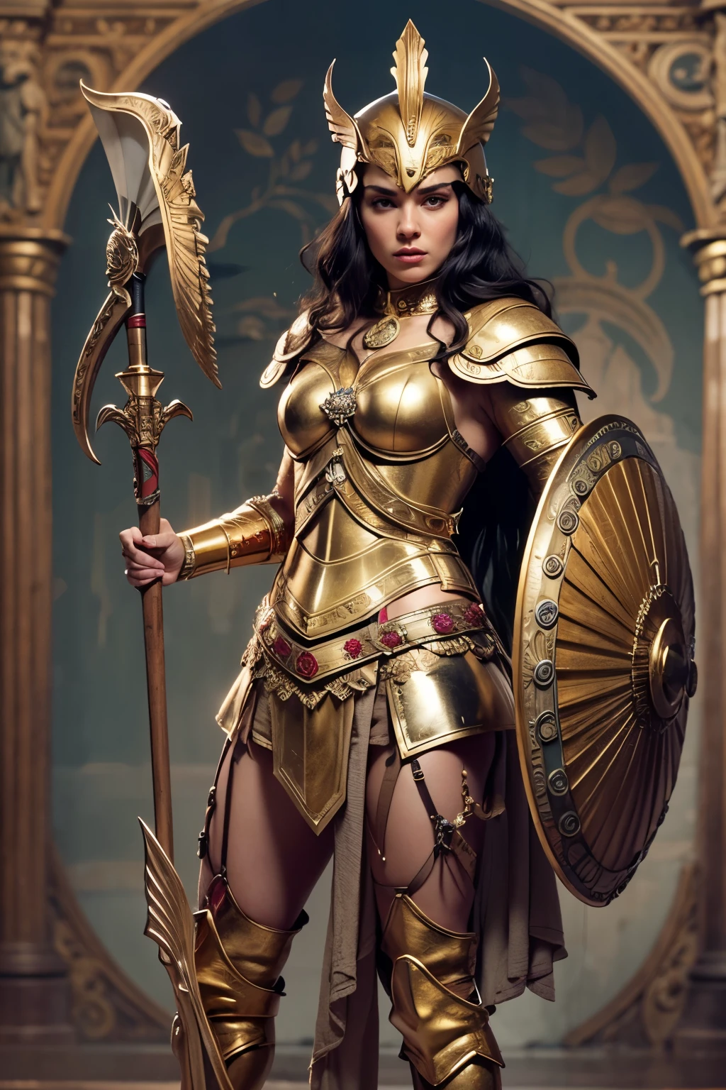 Goddess of war and wisdom, with ((black hair)) and ((gray eyes)), is fair-skinned, is tall and musclar, ((wears golden breastplate armor)), ((puts on an ancient greek helmet)), armed with a spear and a shield, looks brave and proud, battle stance, ready for combat, an owl perches on her shoulder, Greek mythology, mythic war, photorealistic, super high quality, super detail, description of ultra-accurate precise hands, masterpiece, 8K, HDR