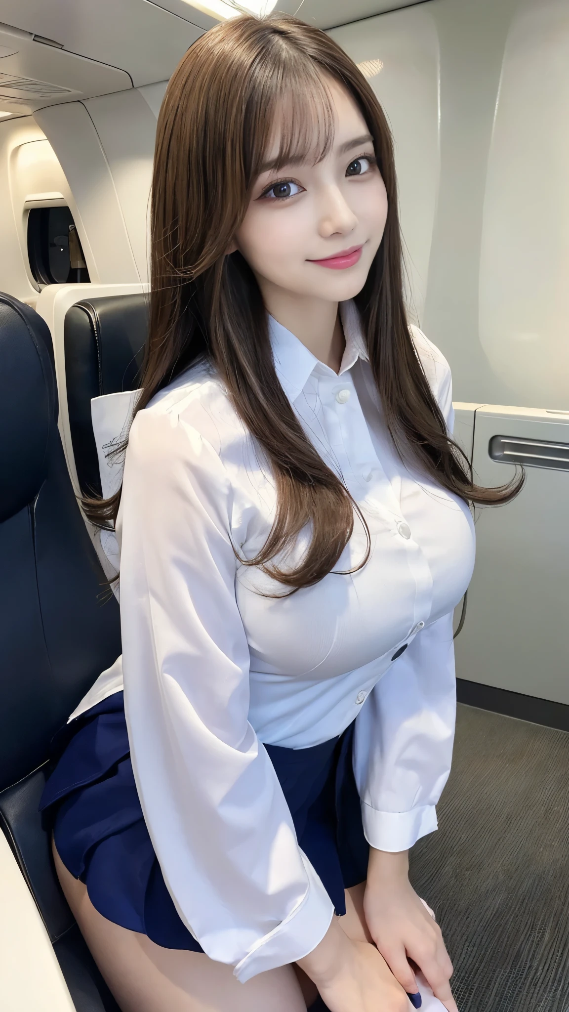 (Detailed skin:1.2),(Shiny skin:1.1),8k,Highest quality, masterpiece, Ultra-high resolution,(Realistic:1.4), RAW Photos,(Soft saturation:1),(Fair skin:1.2),(Succubus:1.2),Half-Japanese beauty,23 years old, (Light brown hair),(Long Hair:1.3)), (Pretty face:1.4), (Large Breasts, Tight waist,Big firm hips:1.2), ((Beautiful lighting:1.3)), ((Flight attendant uniform:1.2)),(Highly detailed face, Highly detailed lips, fine grain, double eyelid,Highly detailed and evenly balanced eyes), (Sharp focus:1.2), ((Full Body Shot)),(Perfect Anatomy:1.3),(Beautiful woman with perfect figure: 1.2)、((Random sexy poses:1.2))、Sharp Eyes,smile,(Inside the jet)