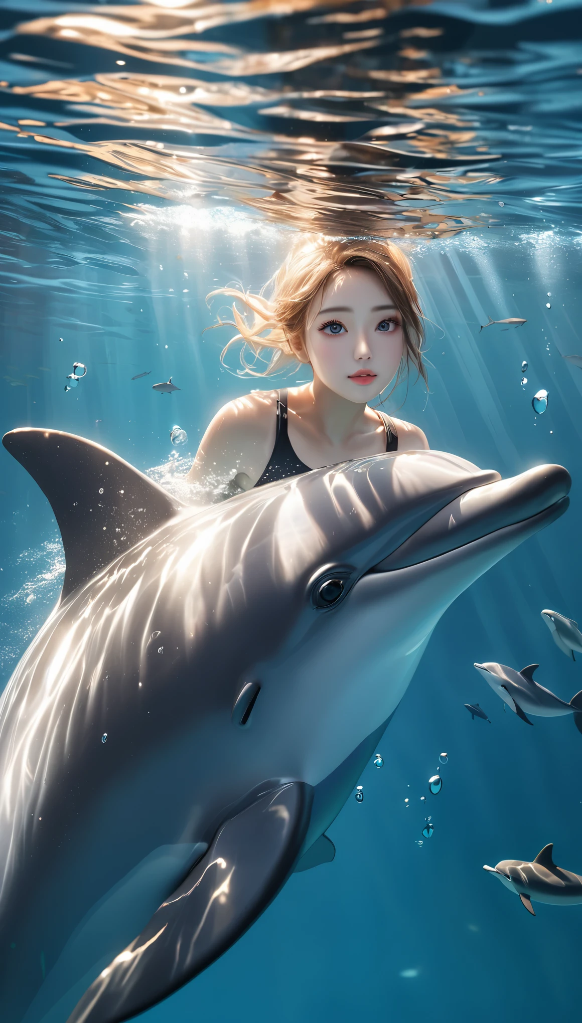 a girl swimming with a dolphin, beautiful detailed eyes, beautiful detailed lips, extremely detailed eyes and face, long eyelashes, underwater, digital art, award-winning masterpiece, surreal, famous artist, 3d art, transparent, dolphin emerging from the right side of the girl, (best quality,4k,8k,highres,masterpiece:1.2),ultra-detailed,(realistic,photorealistic,photo-realistic:1.37),vivid colors,studio lighting,bokeh