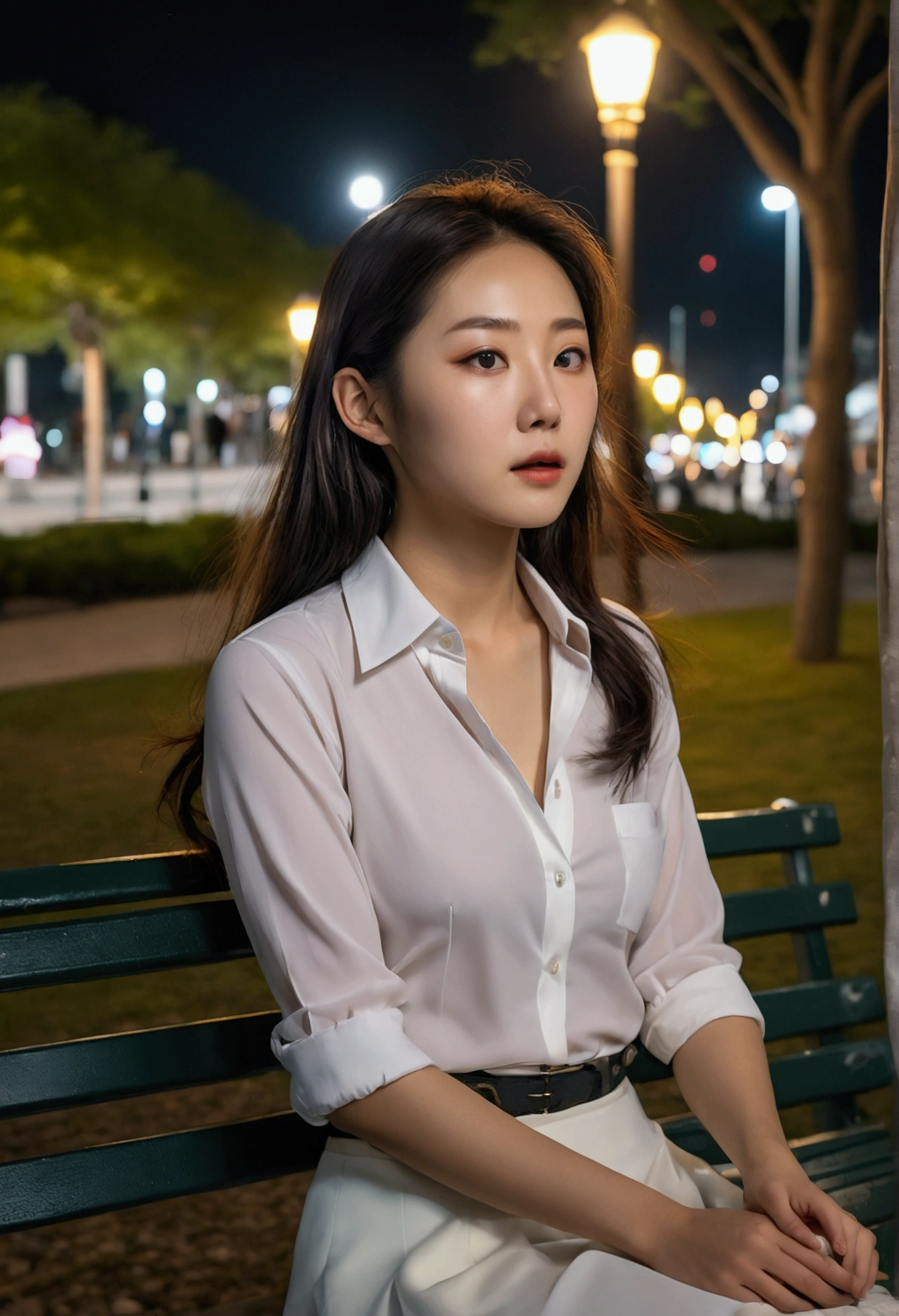 Korean woman sitting on a park bench, Night lights, City Lights, moonlight, 4K at night, Fuji XT3, 8K, Maximum results, Photographed with a Kodak camera, Award-winning photos, (Surreal:1.5), (best quality:1.5), Reality, Delicate skin texture, masterpiece, (Reality:1.4), RAW photos, Perfect Shadow, realism, photography,Delicate facial texture, Delicate lip texture, Detail ears, Eye for detail, Depth of Field,Half naked,D cup,No underwear,Nipple looming,The hair can be vaguely seen through the thin white shirt