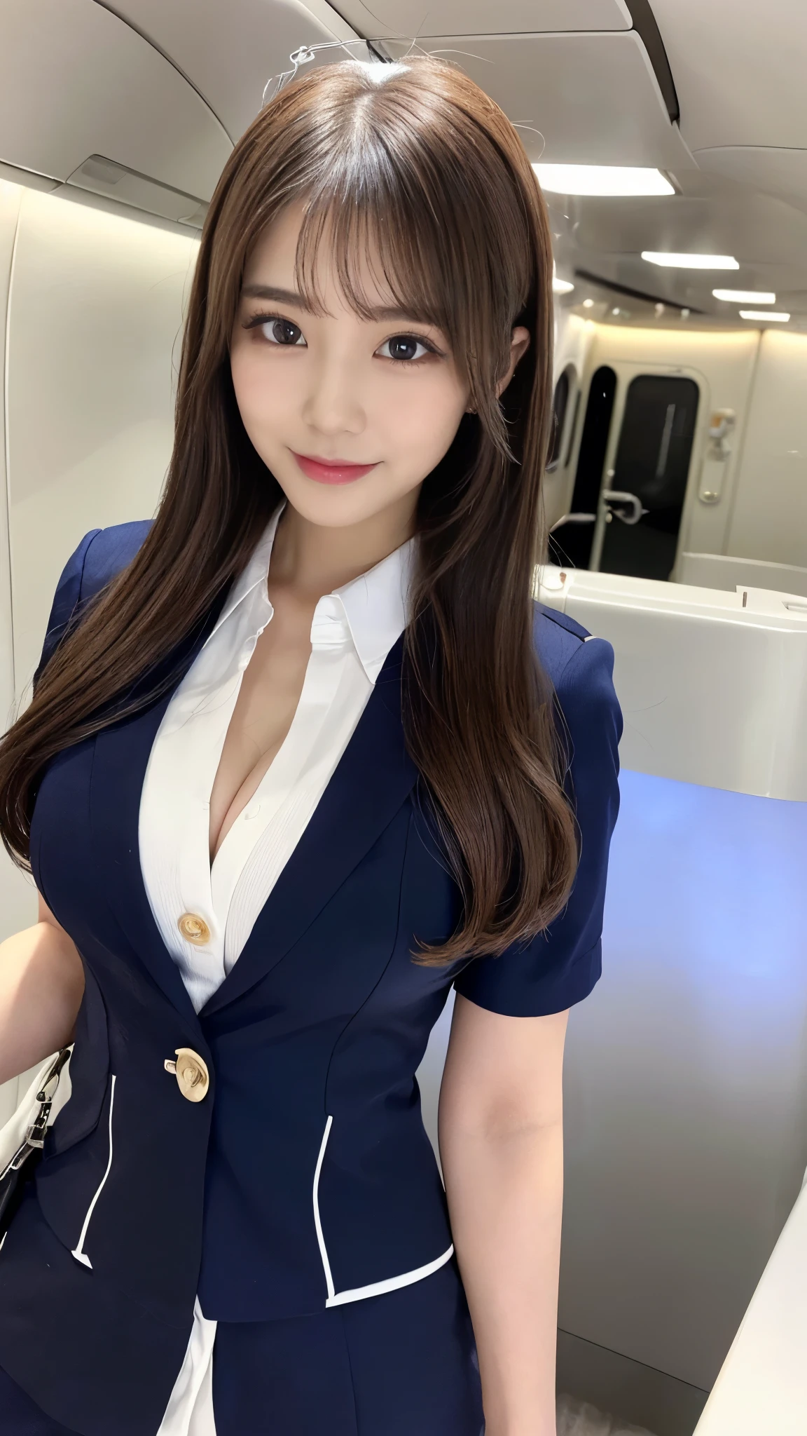 (Detailed skin:1.2),(Shiny skin:1.1),8k,Highest quality, masterpiece, Ultra-high resolution,(Realistic:1.4), RAW Photos,(Soft saturation:1),(Fair skin:1.2),(Succubus:1.2),Half-Japanese beauty,23 years old, （Light brown hair）,（Long Hair:1.３)),  (Pretty face:1.4), (Large Breasts, Tight waist,Big firm hips:1.2), ((Beautiful lighting:1.3)), ((Flight attendant uniform:1.2)),(Highly detailed face, Highly detailed lips, fine grain, double eyelid,Highly detailed and evenly balanced eyes), （Sharp focus:1.2）, ((Full Body Shot)),（Perfect Anatomy:1.3),(Beautiful woman with perfect figure: 1.2）、((Random sexy poses:1.2))、Sharp Eyes,smile,（Inside the jet）