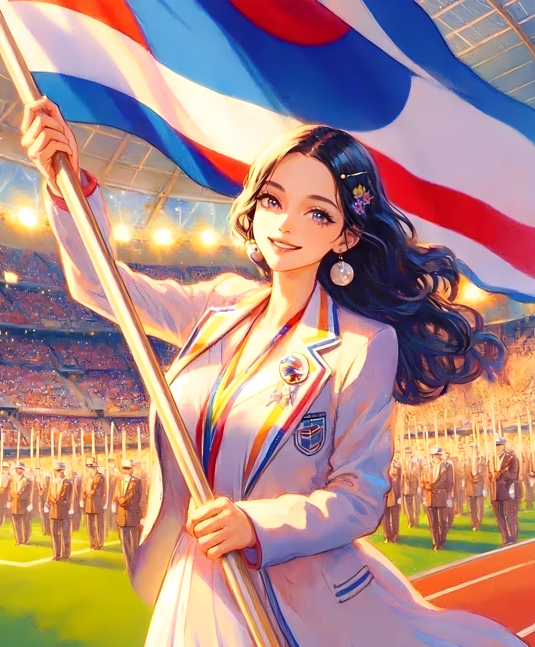 1lady walking slowly, (holding pole of large flag), (suit jacket with vibrant colors) (chic and innovative attire), (mature female:0.8), /(black hair/) bangs, brightly smile, (teeth:0.8), (masterpiece best quality:1.2) delicate illustration ultra-detailed, large breasts BREAK (large flag waving) BREAK (Olympic stadium) indoors, (opening ceremony), excitement, athletes, audience, detailed background