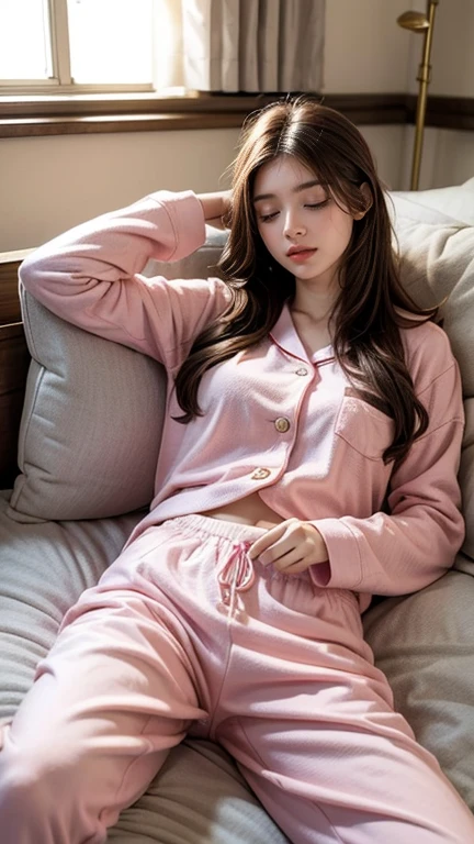 Sleeping girl, 22 years old, Realistic, She is wearing long pants, She is wearing pink pajamas, Brown Hair.