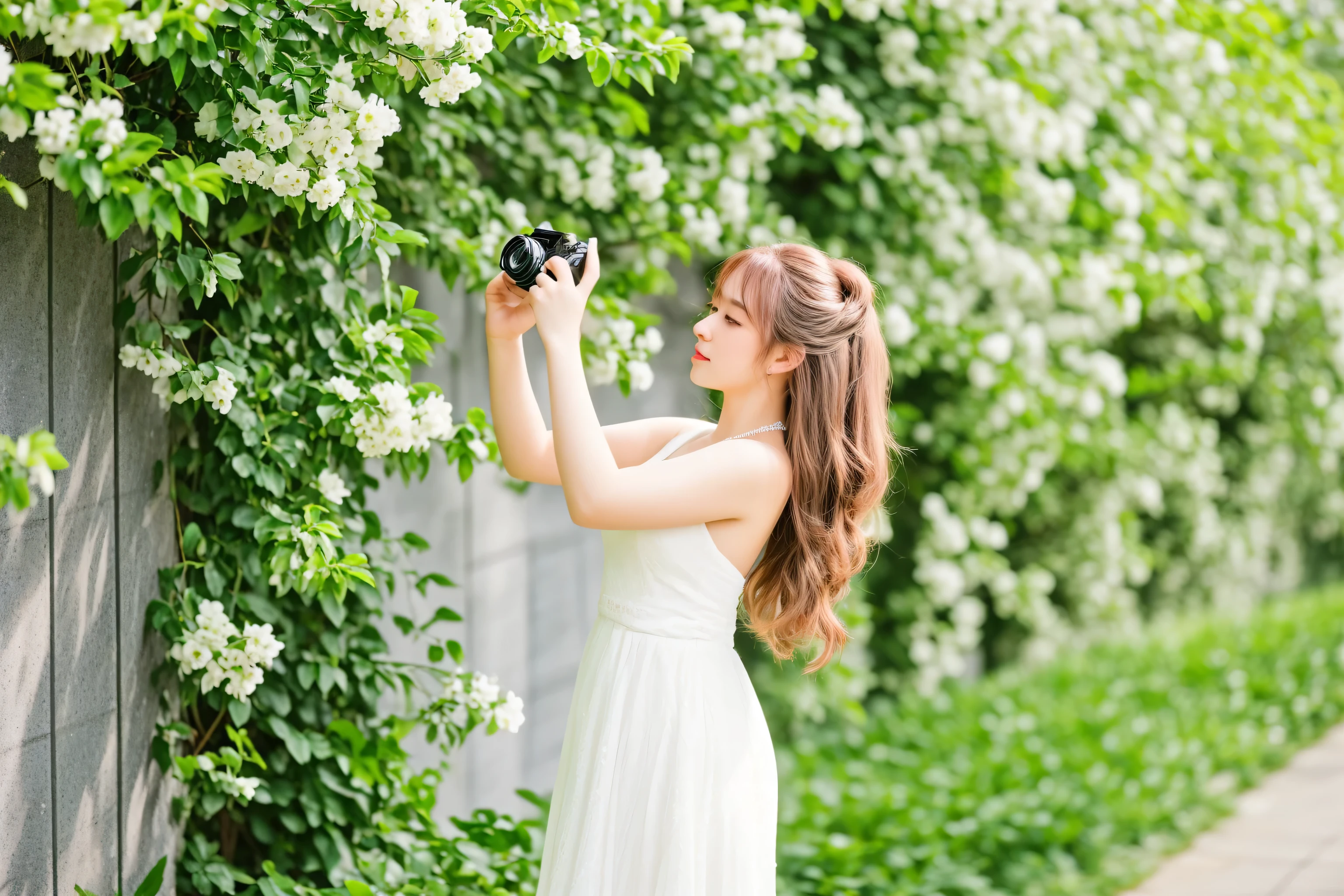araffe woman in white dress taking picture of white flowers, professional wedding photography, photography hight quality, outdoor fine photography, female photography, taking a picture, professional dslr photo, professional photographer, dslr photo, photography], dslr photo of a pretty teen girl, wedding photography, dslr photograpy, dslr photography, marketing photo, dlsr 5 5 mm