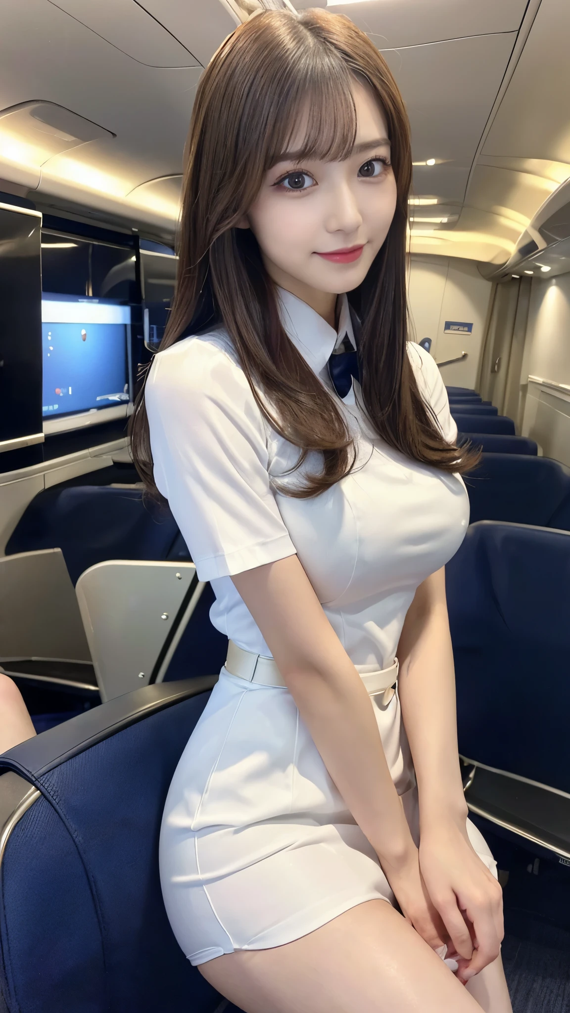 (Detailed skin:1.2),(Shiny skin:1.1),8k,Highest quality, masterpiece, Ultra-high resolution,(Realistic:1.4), RAW Photos,(Soft saturation:1),(Fair skin:1.2),(Succubus:1.2),Half-Japanese beauty,23 years old, （Light brown hair）,（Long Hair:1.３)),  (Pretty face:1.4), (Large Breasts, Tight waist,Big firm hips:1.2), ((Beautiful lighting:1.3)), ((Flight attendant uniform:1.2)),(Highly detailed face, Highly detailed lips, fine grain, double eyelid,Highly detailed and evenly balanced eyes), （Sharp focus:1.2）, ((Full Body Shot)),（Perfect Anatomy:1.3),(Beautiful woman with perfect figure: 1.2）、((Random sexy poses:1.2))、Sharp Eyes,smile,（Inside the jet）