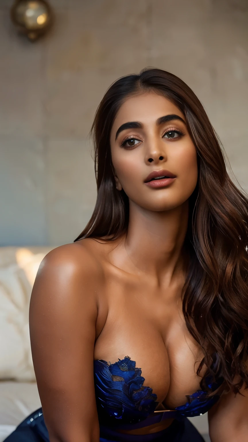 close-up portrait, (portrait photo), ((best quality)), masterpiece, 8k wallpaper, nikon, cinematic lighting, medium hair, ((blue iris)), (photorealistic:1.4), (pooja hegde), (as maid), hourglass figure, swooping breasts, (deep cleavage), (doing push ups),