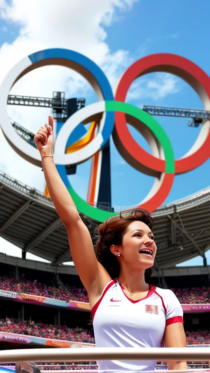 A woman watching the cheers from the stands ,Olympic stadium, (enthusiastic crowd),A large audience, Olympic cauldron, Olympic flame, Olympic rings,Olympic symbols