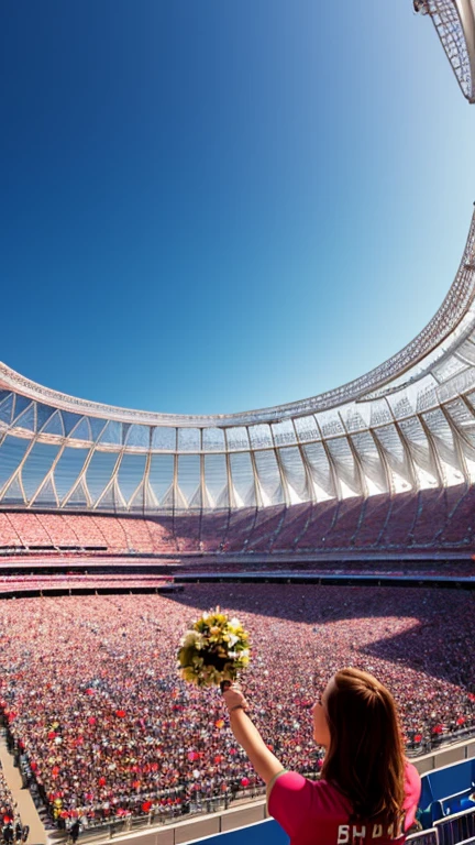 A woman watching the cheers from the stands ,Olympic stadium, (enthusiastic crowd),A large audience, Olympic cauldron, Olympic flame, Olympic rings,Olympic symbols