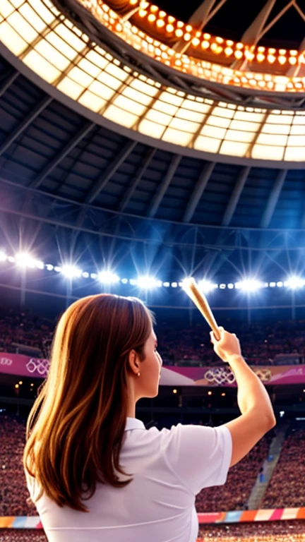 A woman watching the cheers from the stands ,Olympic stadium, (enthusiastic crowd),A large audience, Olympic cauldron, Olympic flame, Olympic rings,Olympic symbols