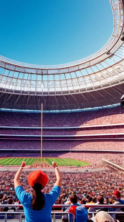  A woman watching the cheers from the stands ,Olympic stadium, (enthusiastic crowd),A large audience, Olympic cauldron, Olympic flame, Olympic rings,Olympic symbols