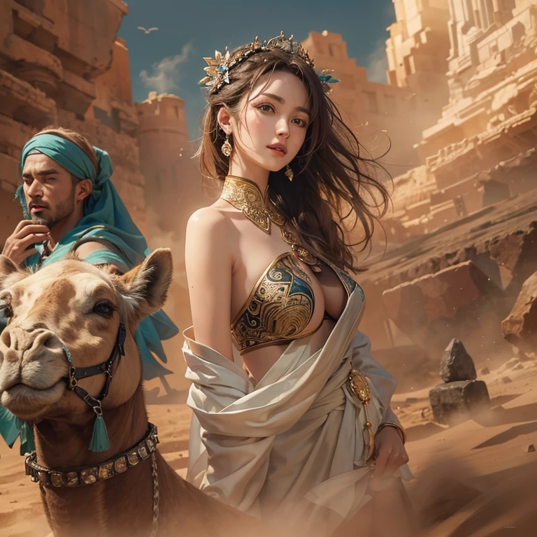 Hiding in the desert、Hair Flow、 ((Highest quality、masterpiece、8k、Best image quality、Ultra-high resolution、Award-winning works)、(Accurate anatomy:1.1)、(Look at me and smile:1.1)、Shining fair skin with Ultra-high resolution、The most detailed face、Ultra-high resolution detailed face、Ultra-high resolutionの髪の毛、(Ultra-high resolutionの煌めく瞳:1.1)、Beautiful face drawn in every detail、(Blurred Background:1.1)、Ancient Islamic clothing, Chest to chest, tattoo, Old ruins in the background、ride on the camel