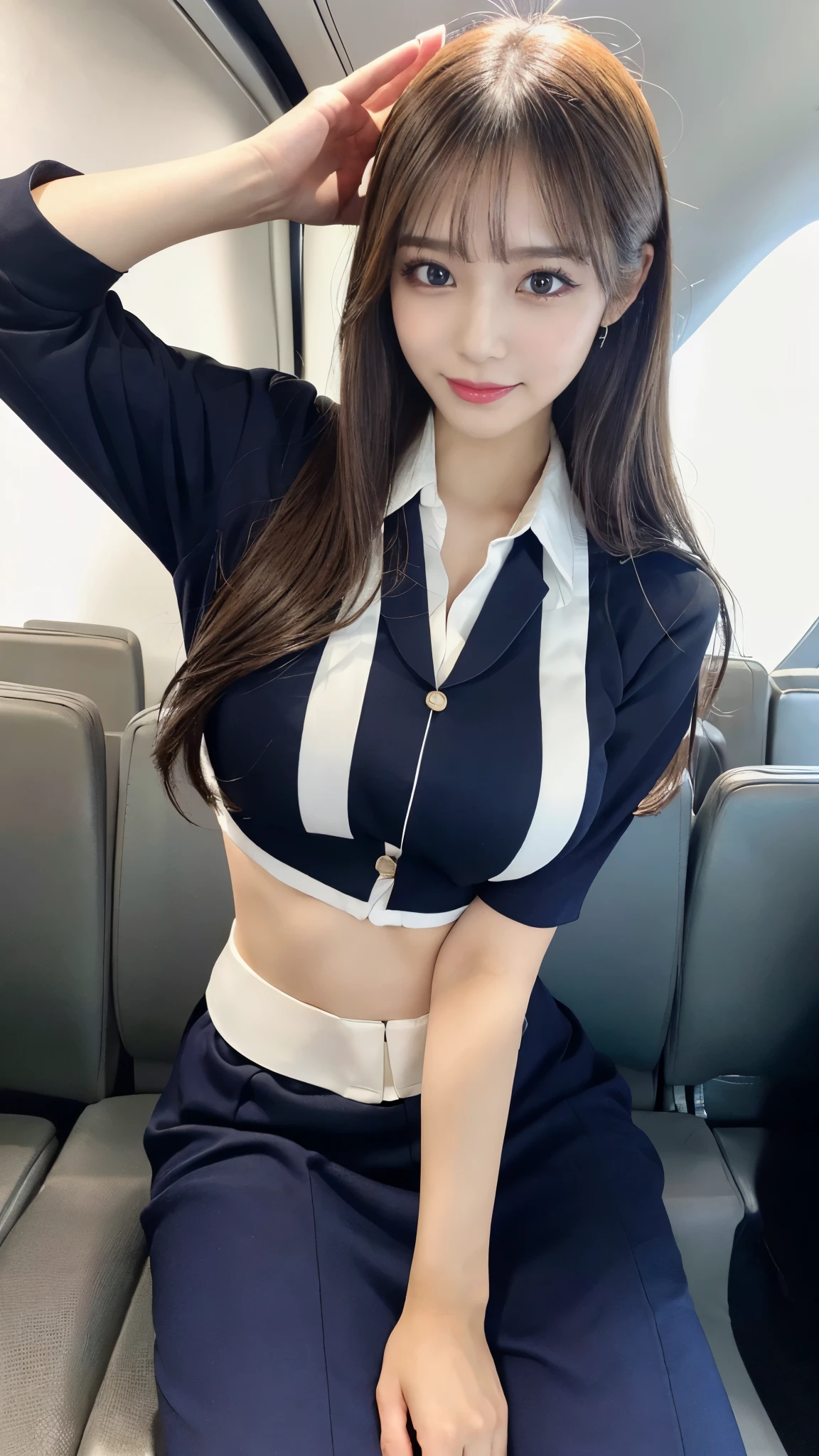 (Detailed skin:1.2),(Shiny skin:1.1),8k,Highest quality, masterpiece, Ultra-high resolution,(Realistic:1.4), RAW Photos,(Soft saturation:1),(Fair skin:1.2),(Succubus:1.2),Half-Japanese beauty,23 years old, （Light brown hair）,（Long Hair:1.３)),  (Pretty face:1.4), (Large Breasts, Tight waist,Big firm hips:1.2), ((Beautiful lighting:1.3)), ((Flight attendant uniform:1.2)),(Highly detailed face, Highly detailed lips, fine grain, double eyelid,Highly detailed and evenly balanced eyes), （Sharp focus:1.2）, ((Full Body Shot)),（Perfect Anatomy:1.3),(Beautiful woman with perfect figure: 1.2）、((Random sexy poses:1.2))、Sharp Eyes,smile,（Inside the jet）