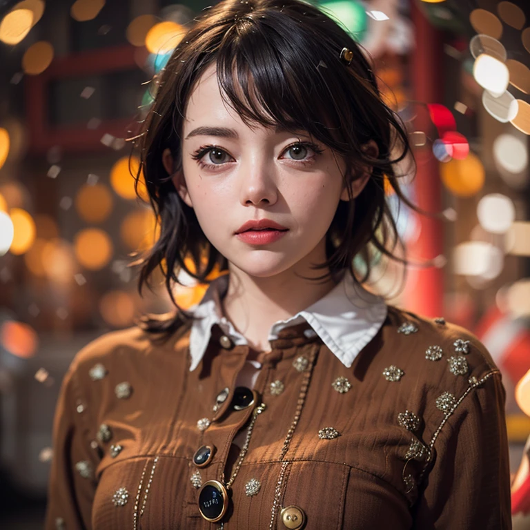 Emma Stone, black_hair, Blurred, Blurred_background, Blurred_prospect, Bokeh, chest, brown_eye, button_gap, buttons, Christmas_wood, chestof谷間, With collar_shirt, Cosplay_photograph, depth_of_Field, big_chest, lips,
