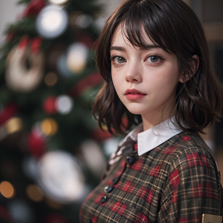 Emma Stone, black_hair, Blurred, Blurred_background, Blurred_prospect, Bokeh, chest, brown_eye, button_gap, buttons, Christmas_wood, chestof谷間, With collar_shirt, Cosplay_photograph, depth_of_Field, big_chest, lips,